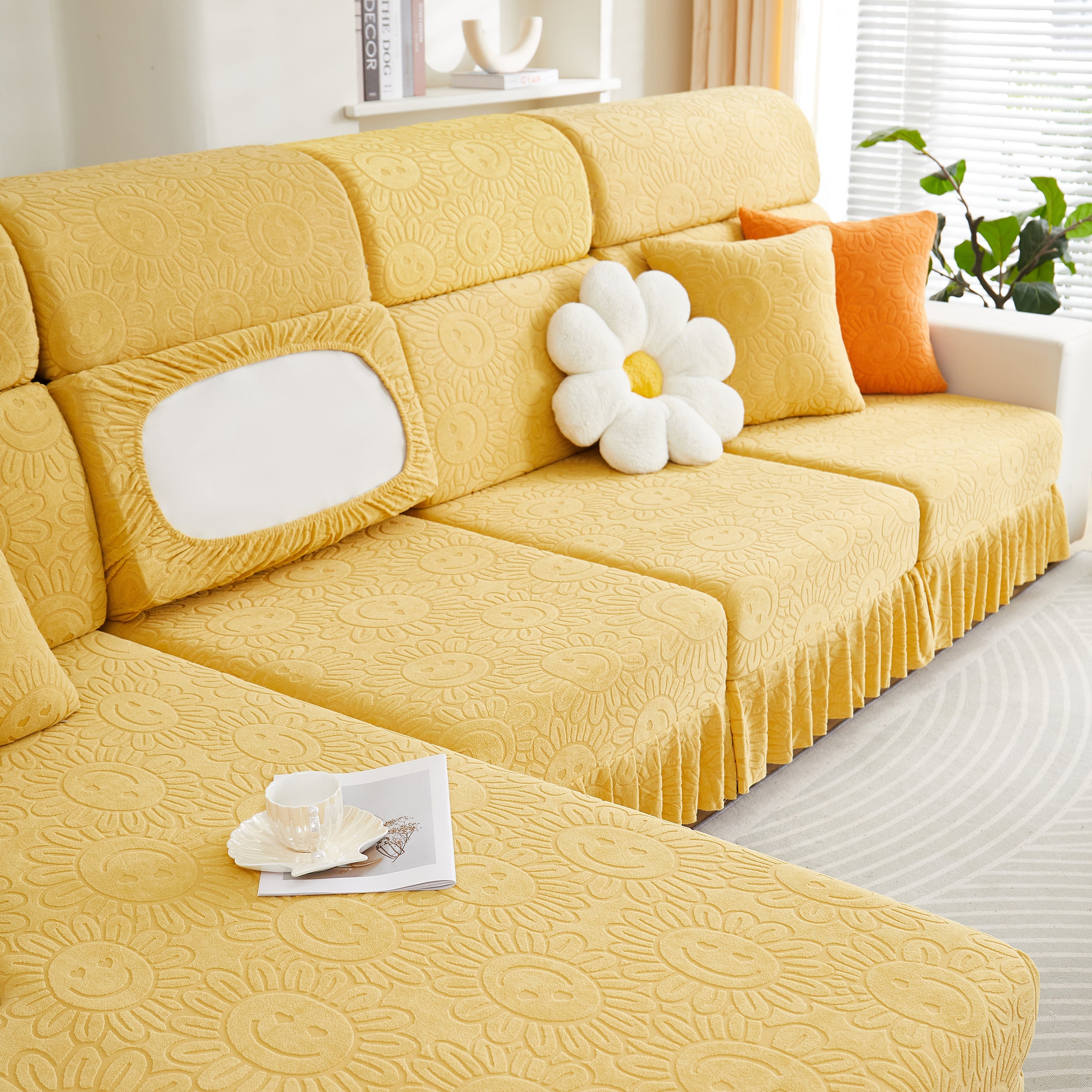 Sofa Seat Cover, Sunflower Patterned Elastic Skirted Couch Cushion Covers for 1/2/3/4-Seater Sofas
