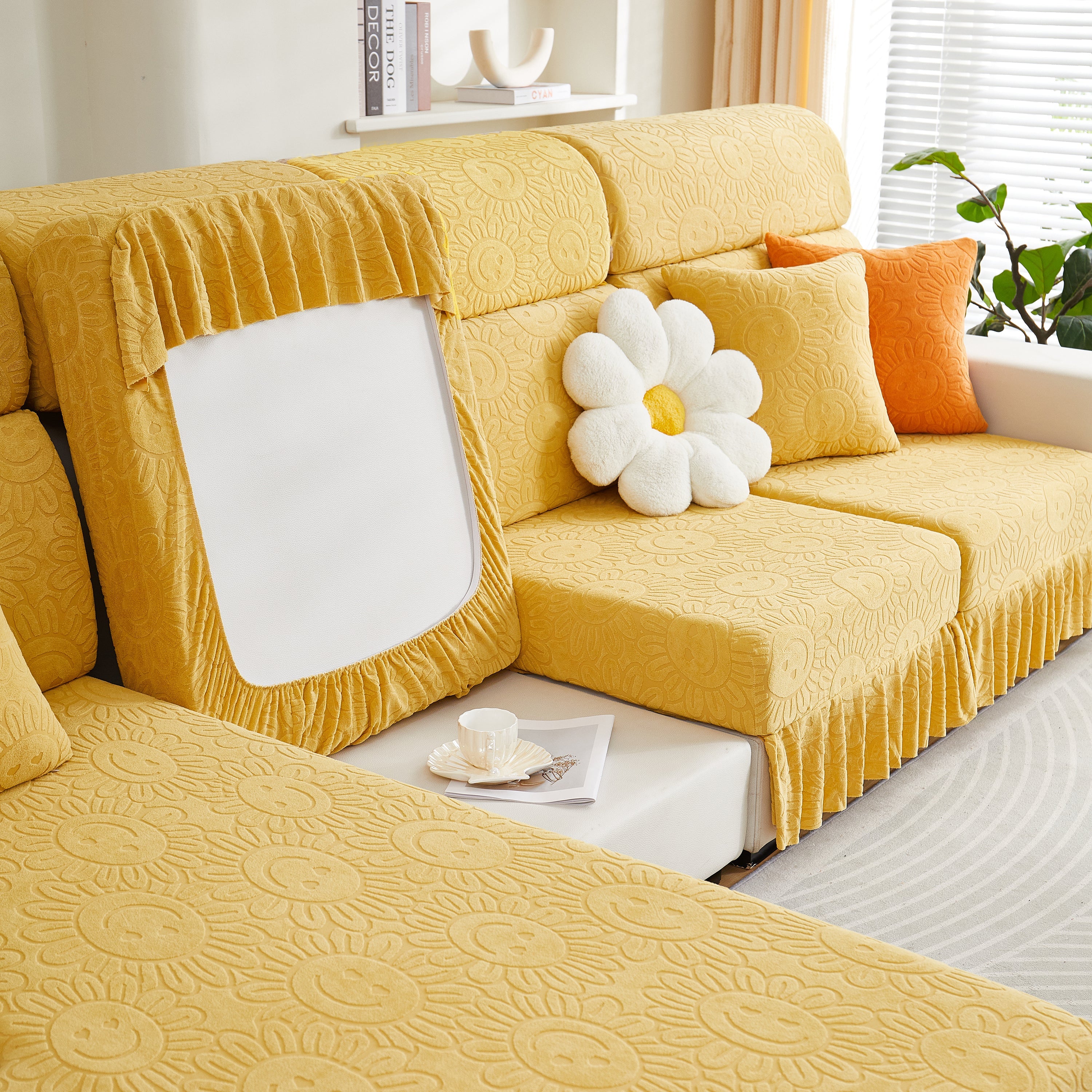 Sofa Seat Cover, Sunflower Patterned Elastic Skirted Couch Cushion Covers for 1/2/3/4-Seater Sofas
