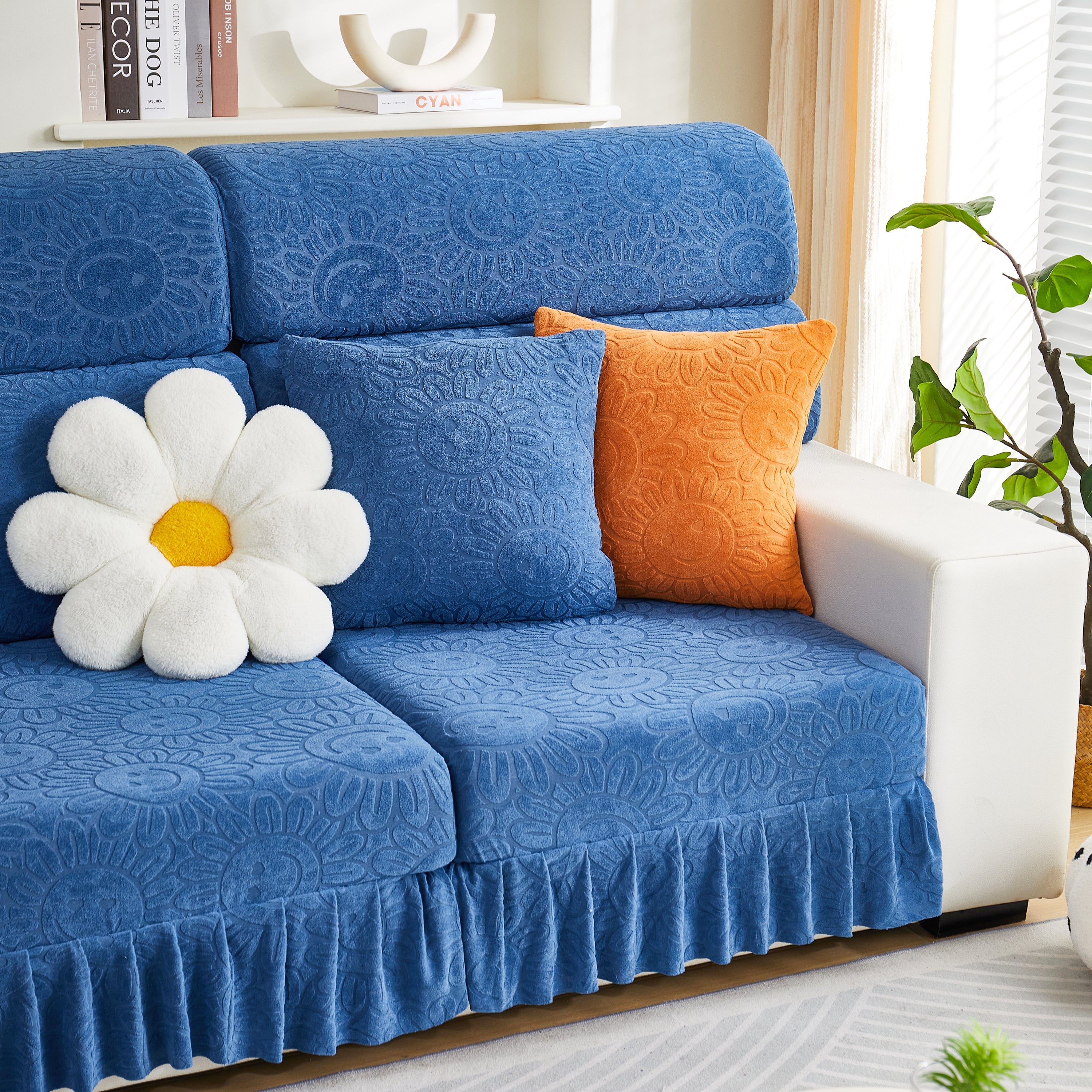 Sofa Seat Cover, Sunflower Patterned Elastic Skirted Couch Cushion Covers for 1/2/3/4-Seater Sofas