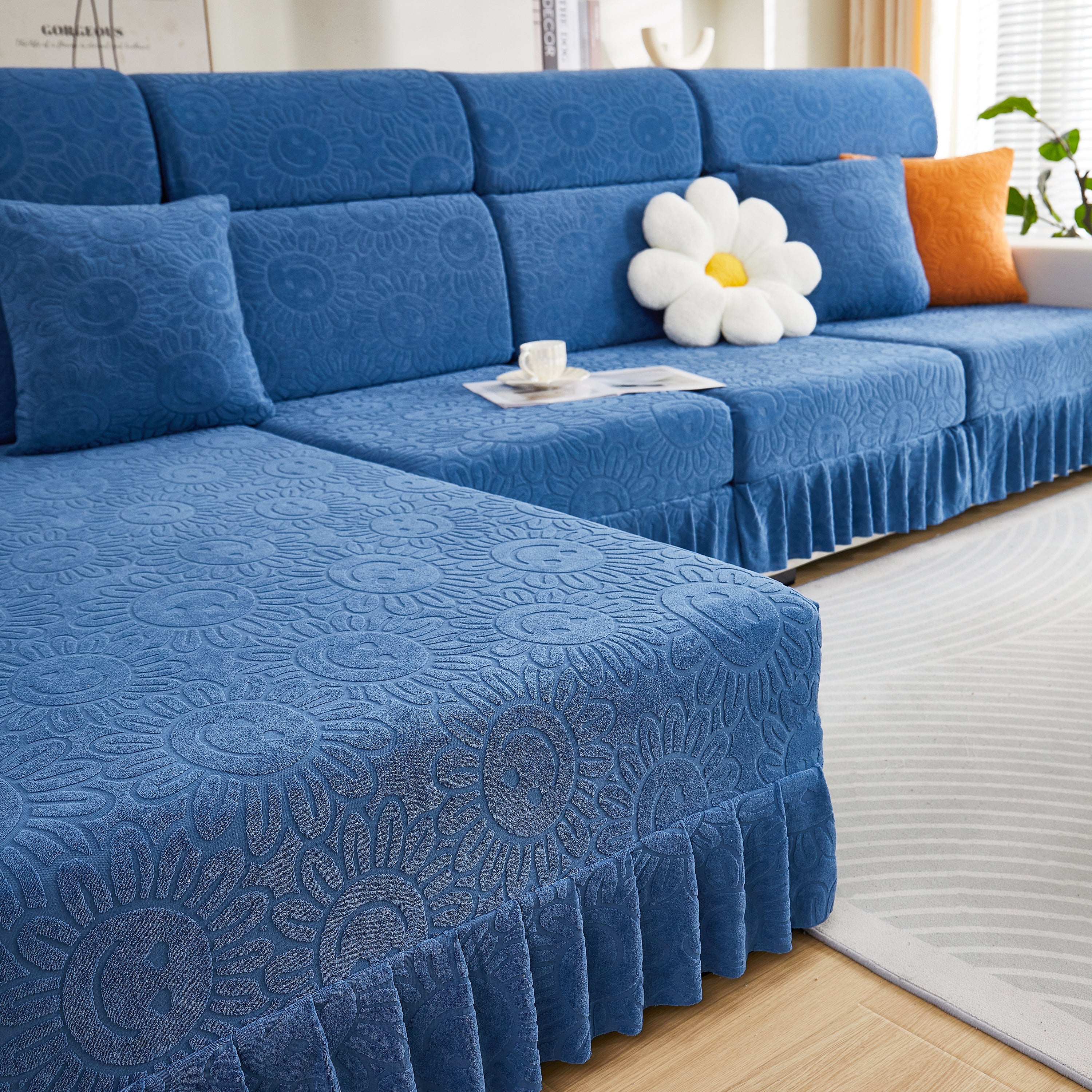 Sofa Seat Cover, Sunflower Patterned Elastic Skirted Couch Cushion Covers for 1/2/3/4-Seater Sofas