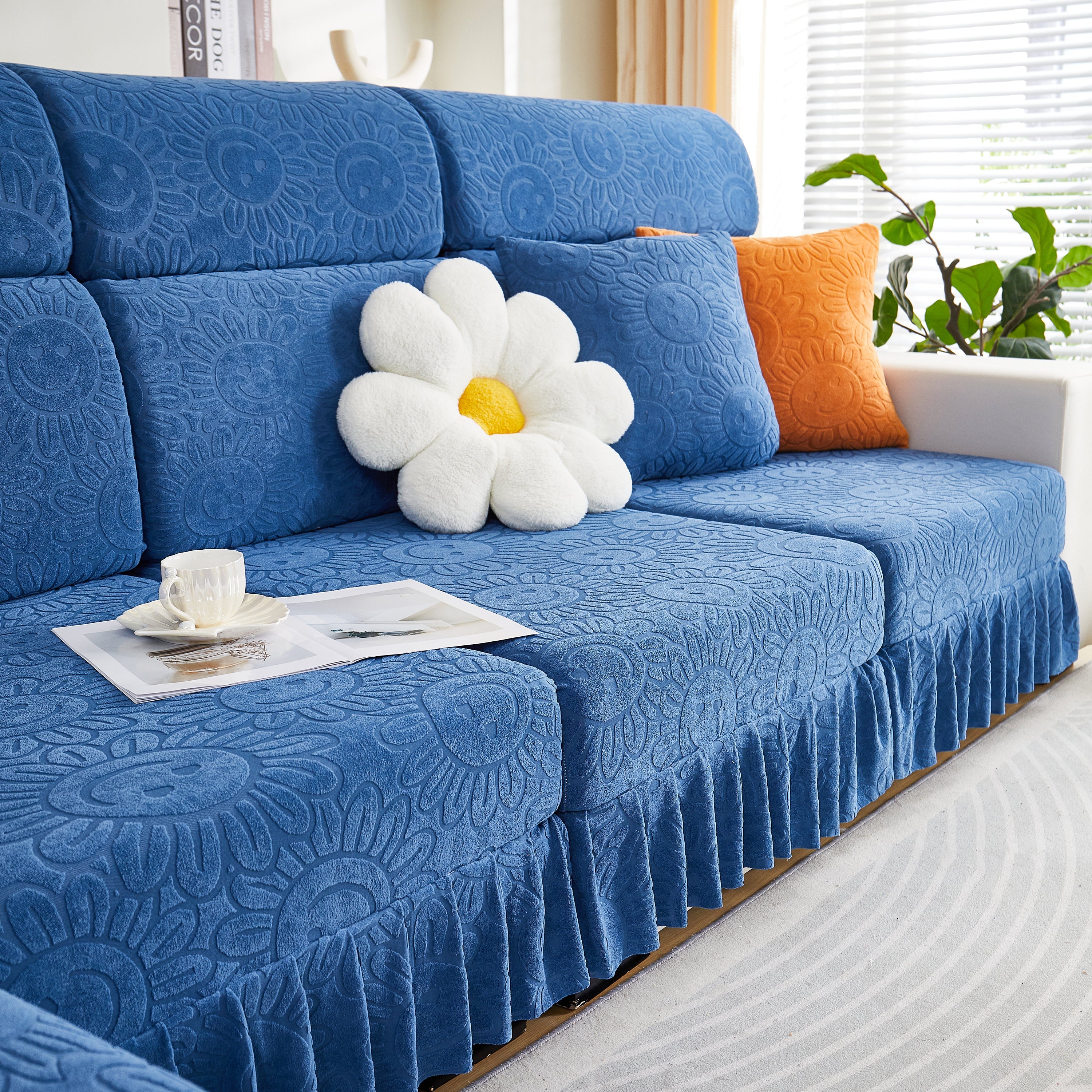 Sofa Seat Cover, Sunflower Patterned Elastic Skirted Couch Cushion Covers for 1/2/3/4-Seater Sofas