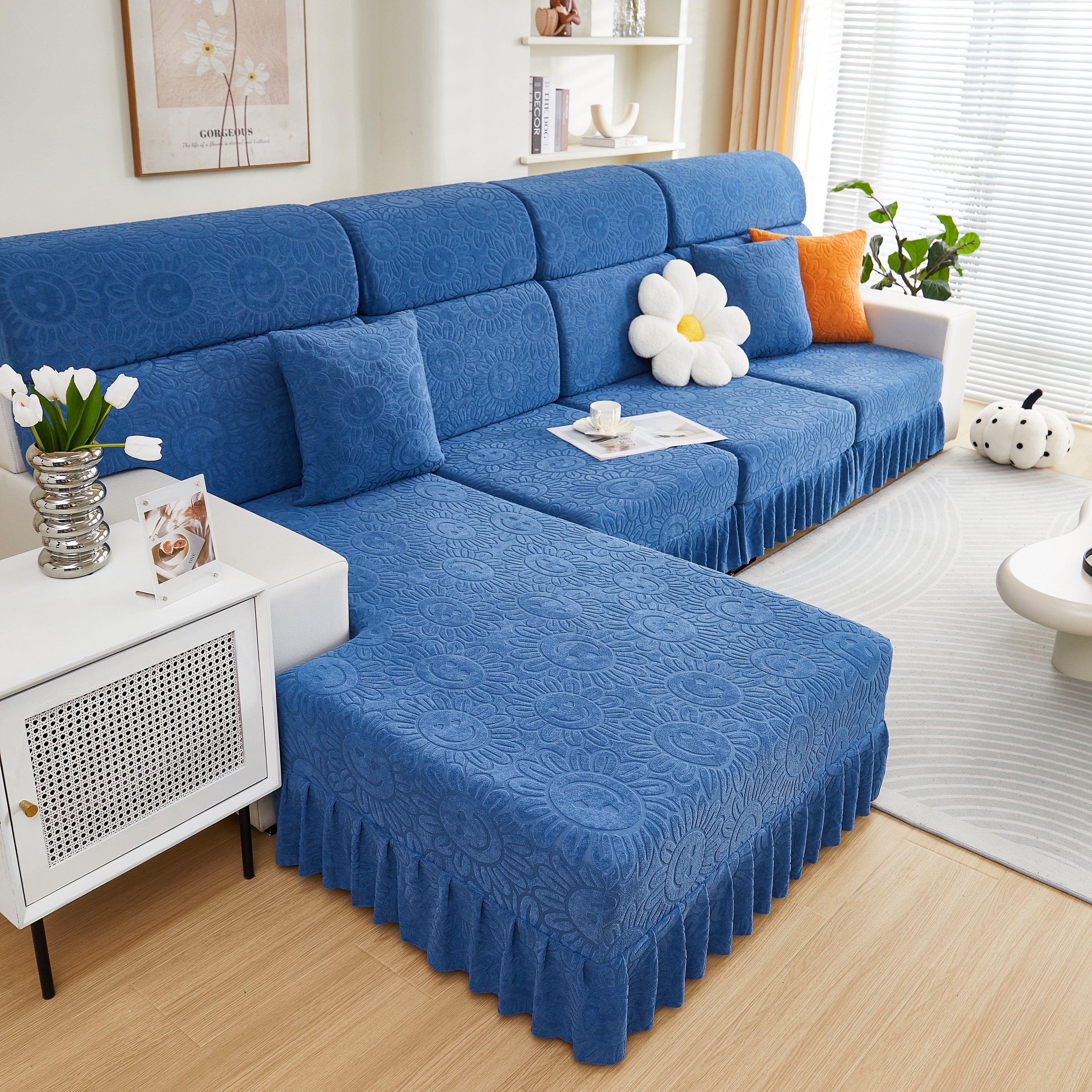 Sofa Seat Cover, Sunflower Patterned Elastic Skirted Couch Cushion Covers for 1/2/3/4-Seater Sofas