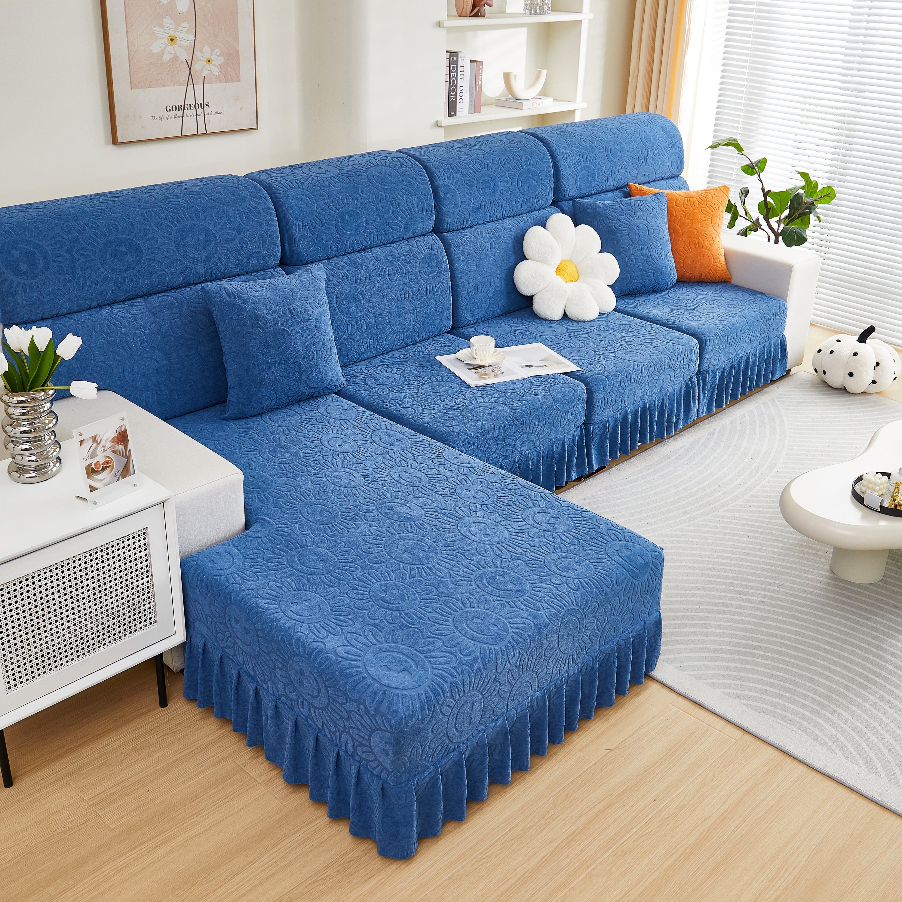Sofa Seat Cover, Sunflower Patterned Elastic Skirted Couch Cushion Covers for 1/2/3/4-Seater Sofas