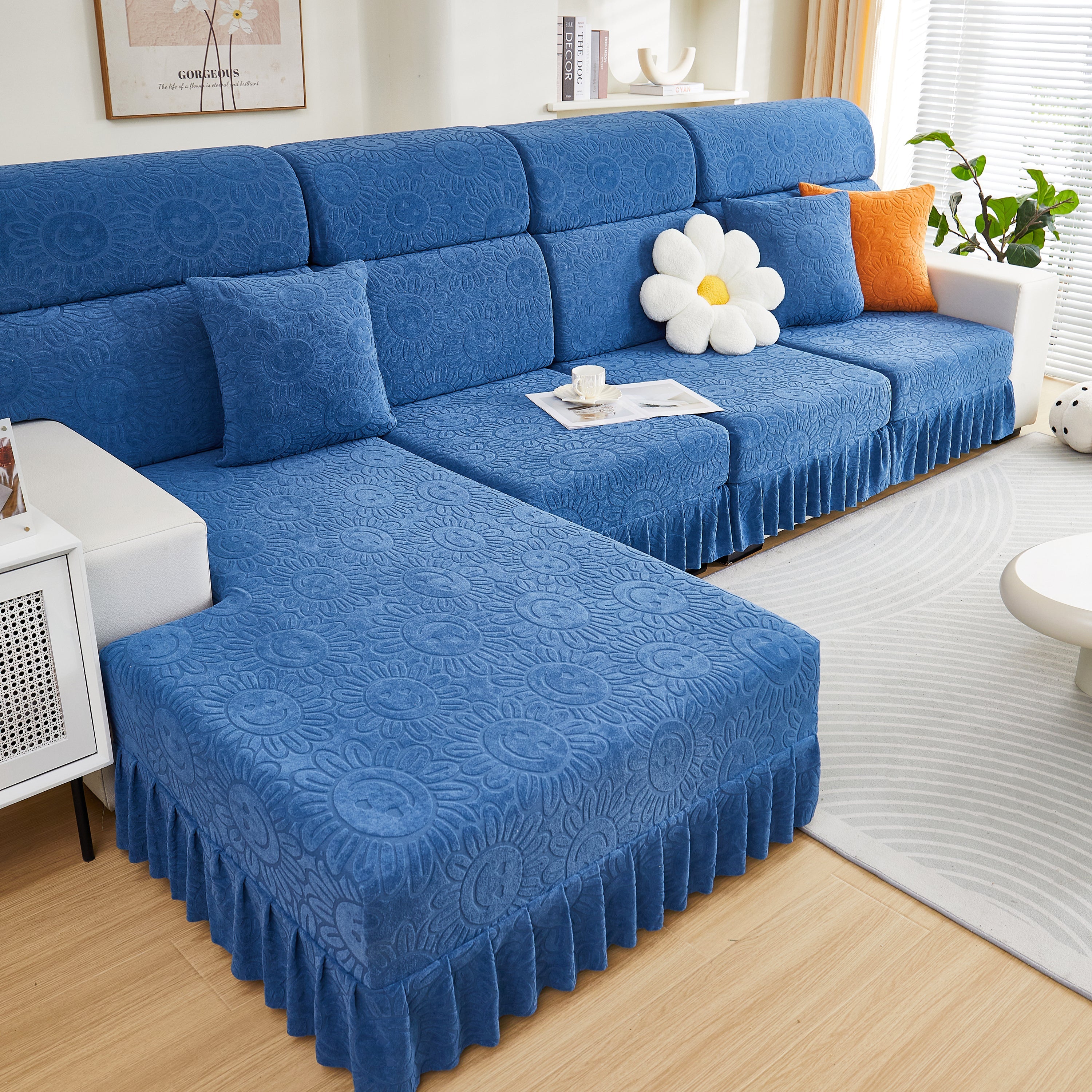 Sofa Seat Cover, Sunflower Patterned Elastic Skirted Couch Cushion Covers for 1/2/3/4-Seater Sofas