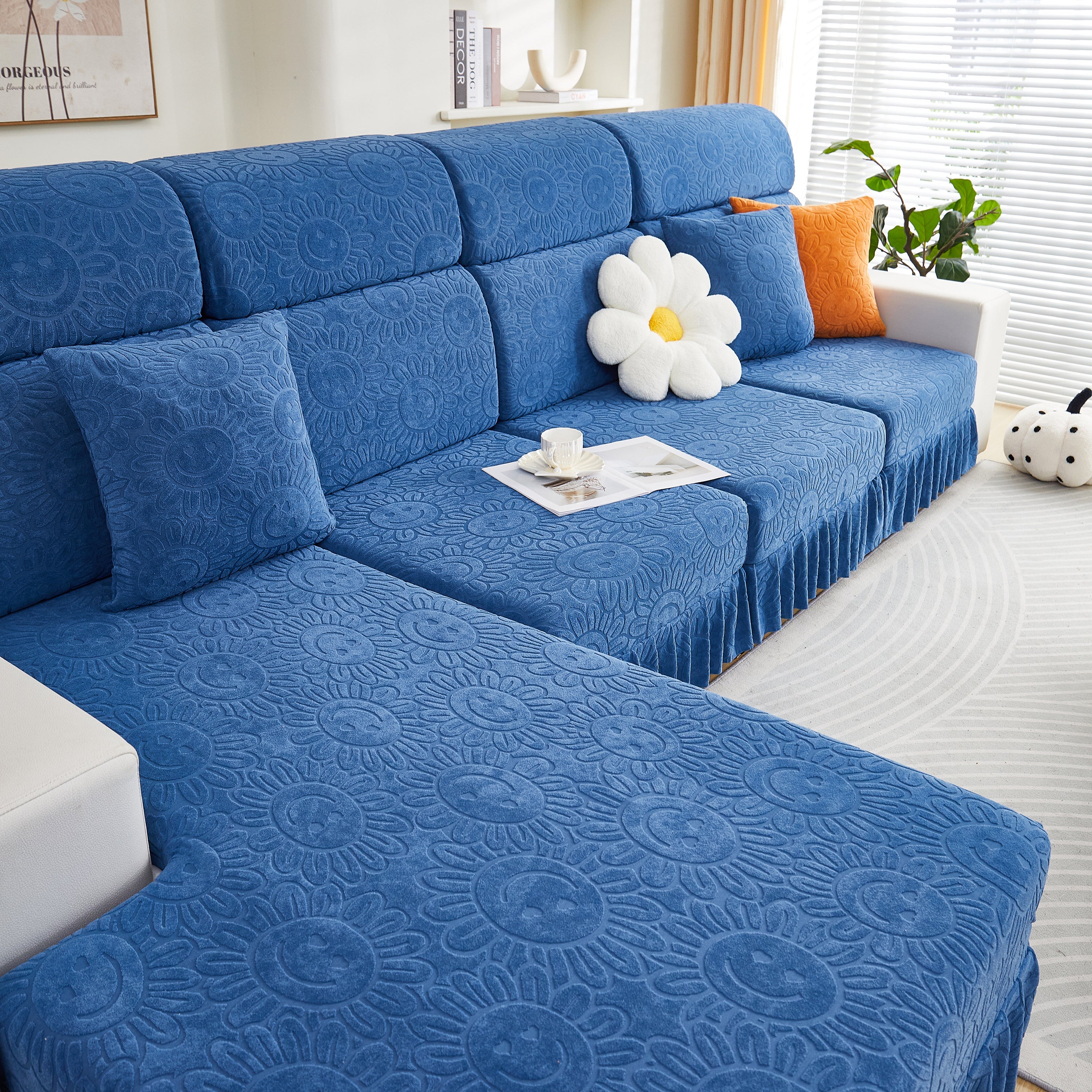 Sofa Seat Cover, Sunflower Patterned Elastic Skirted Couch Cushion Covers for 1/2/3/4-Seater Sofas