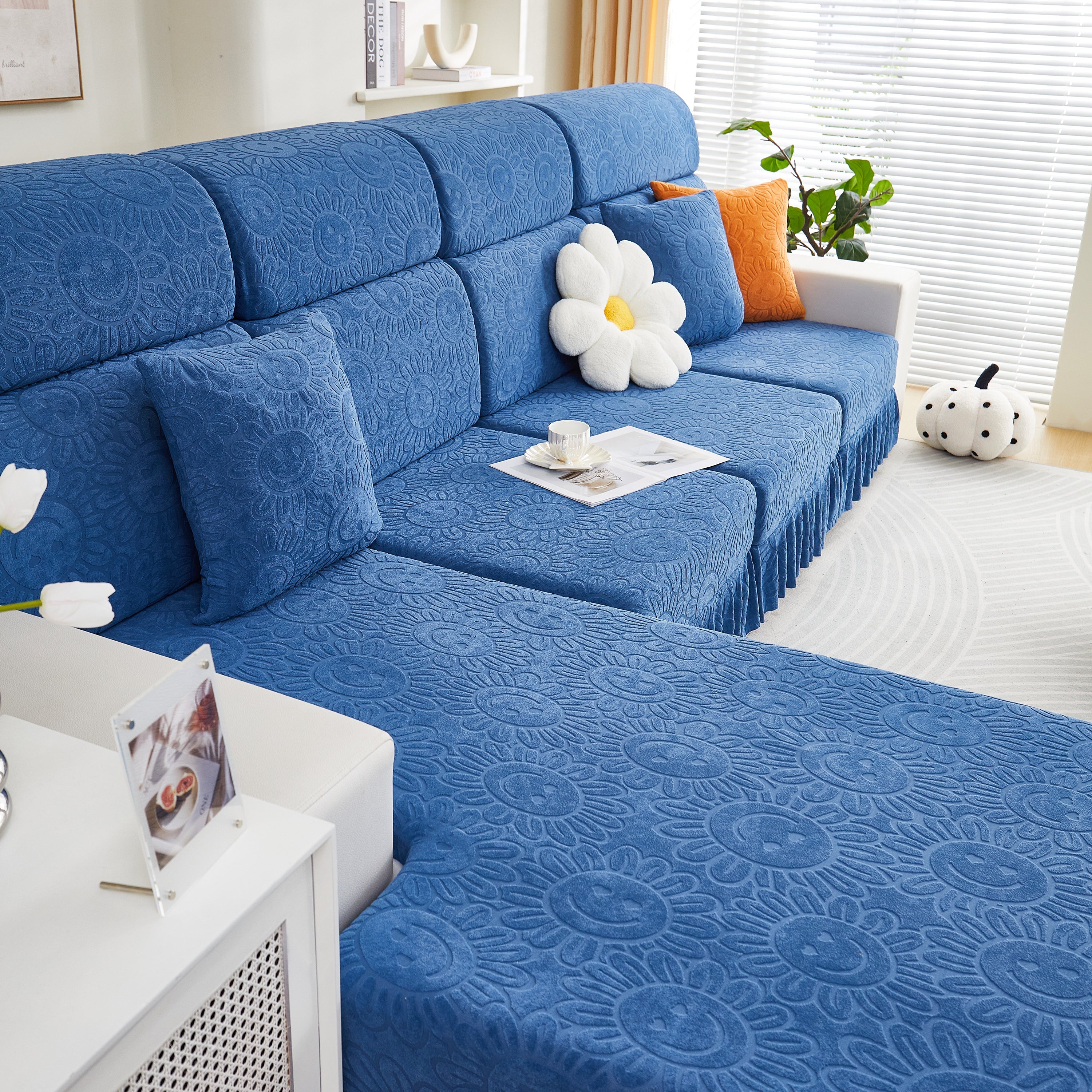 Sofa Seat Cover, Sunflower Patterned Elastic Skirted Couch Cushion Covers for 1/2/3/4-Seater Sofas