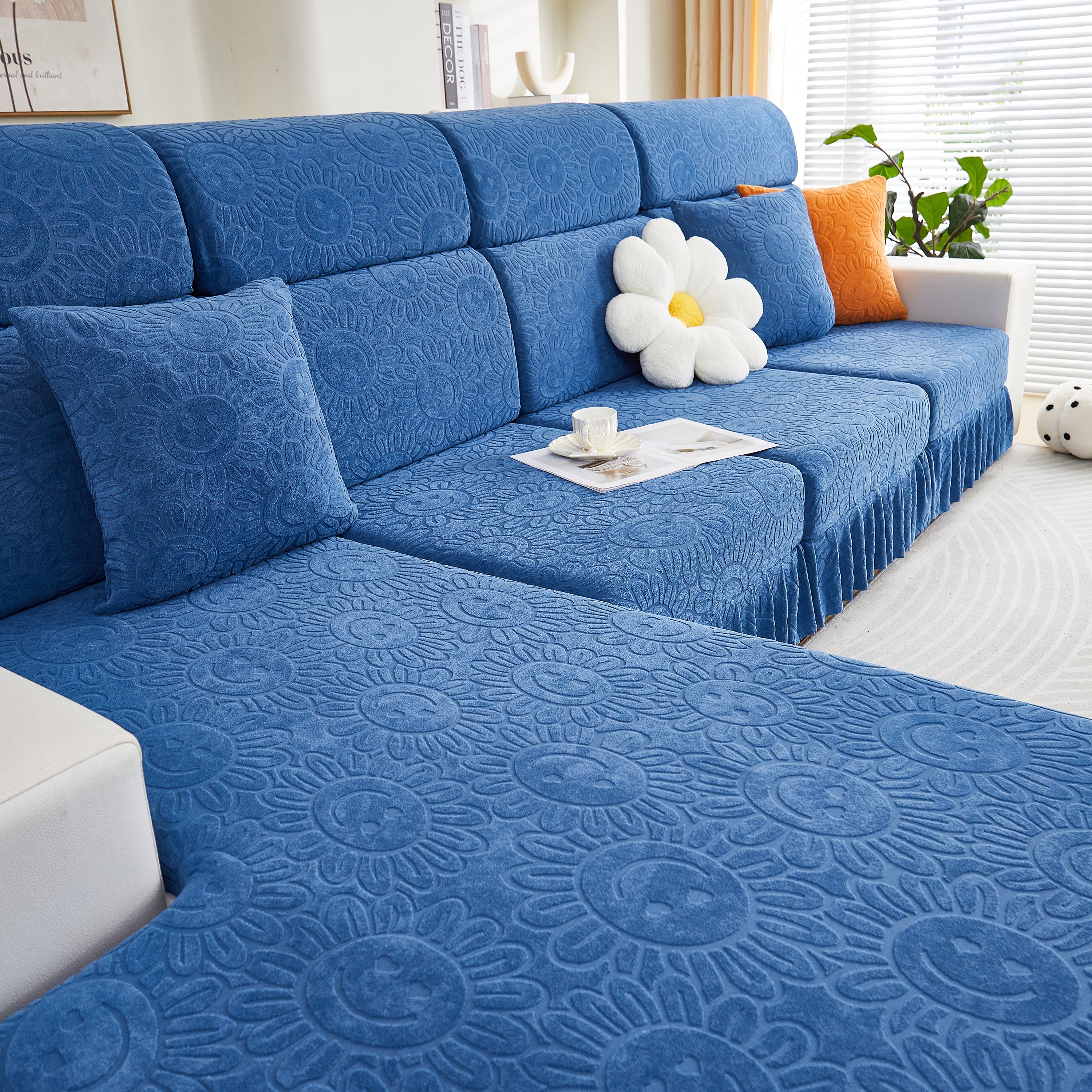 Sofa Seat Cover, Sunflower Patterned Elastic Skirted Couch Cushion Covers for 1/2/3/4-Seater Sofas