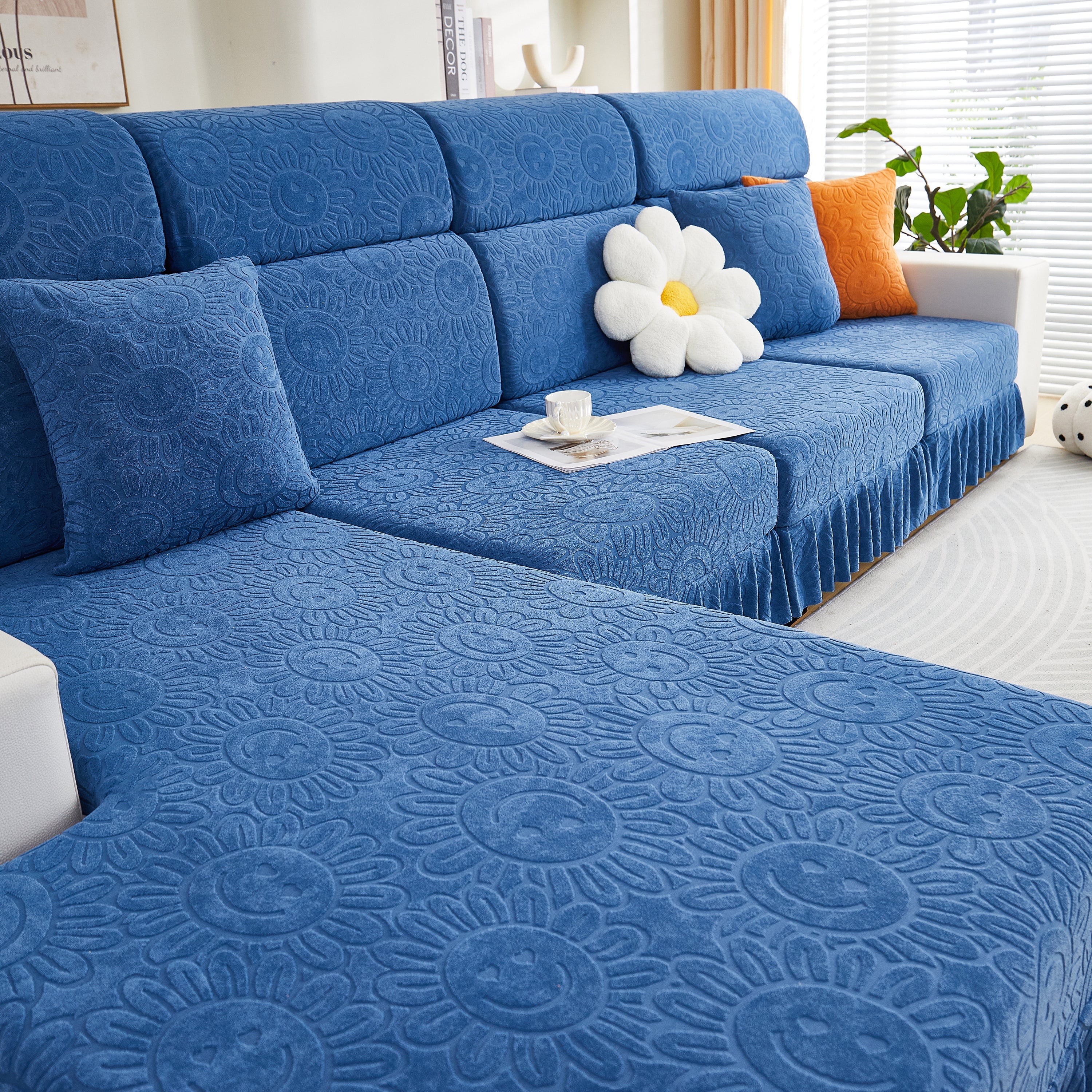 Sofa Seat Cover, Sunflower Patterned Elastic Skirted Couch Cushion Covers for 1/2/3/4-Seater Sofas