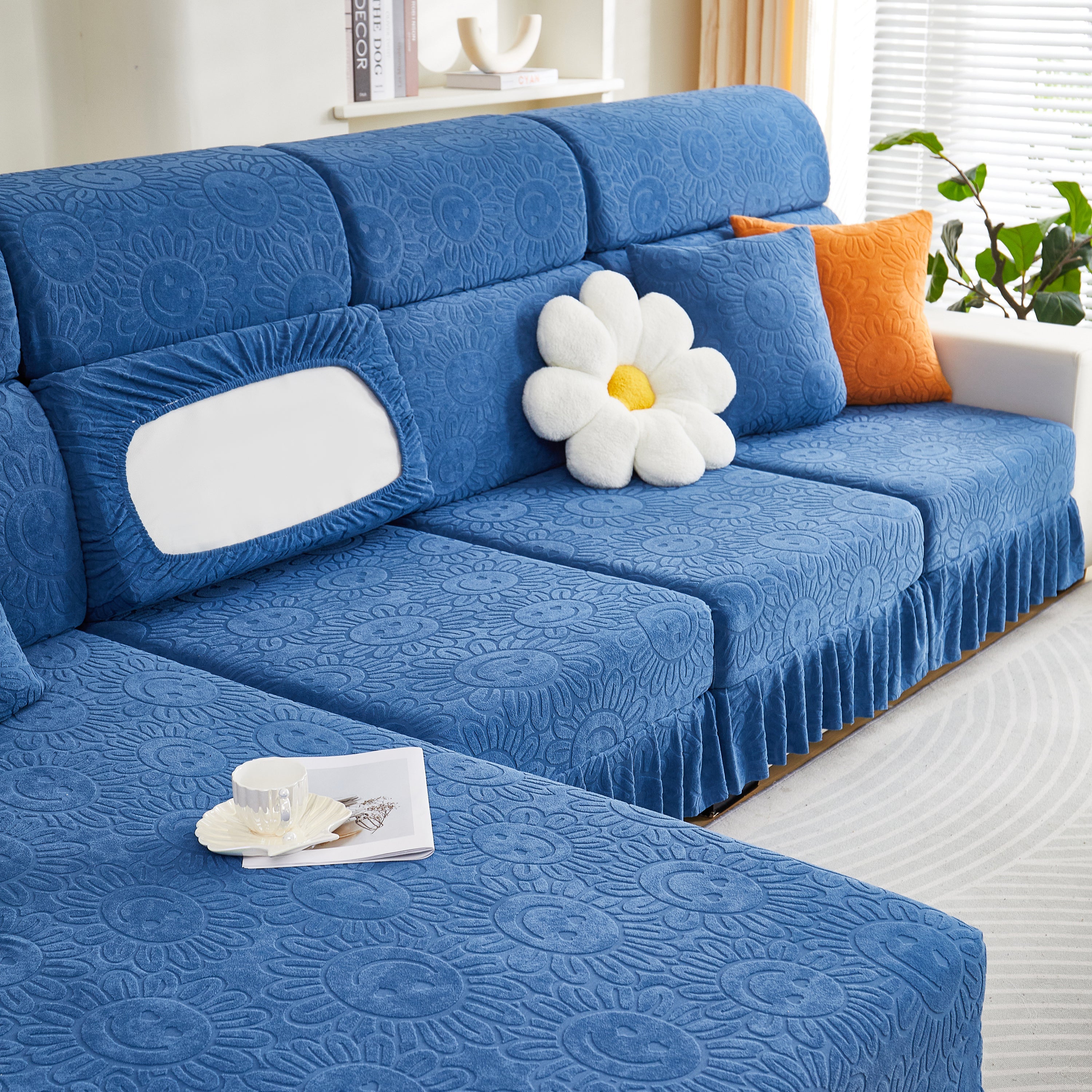 Sofa Seat Cover, Sunflower Patterned Elastic Skirted Couch Cushion Covers for 1/2/3/4-Seater Sofas