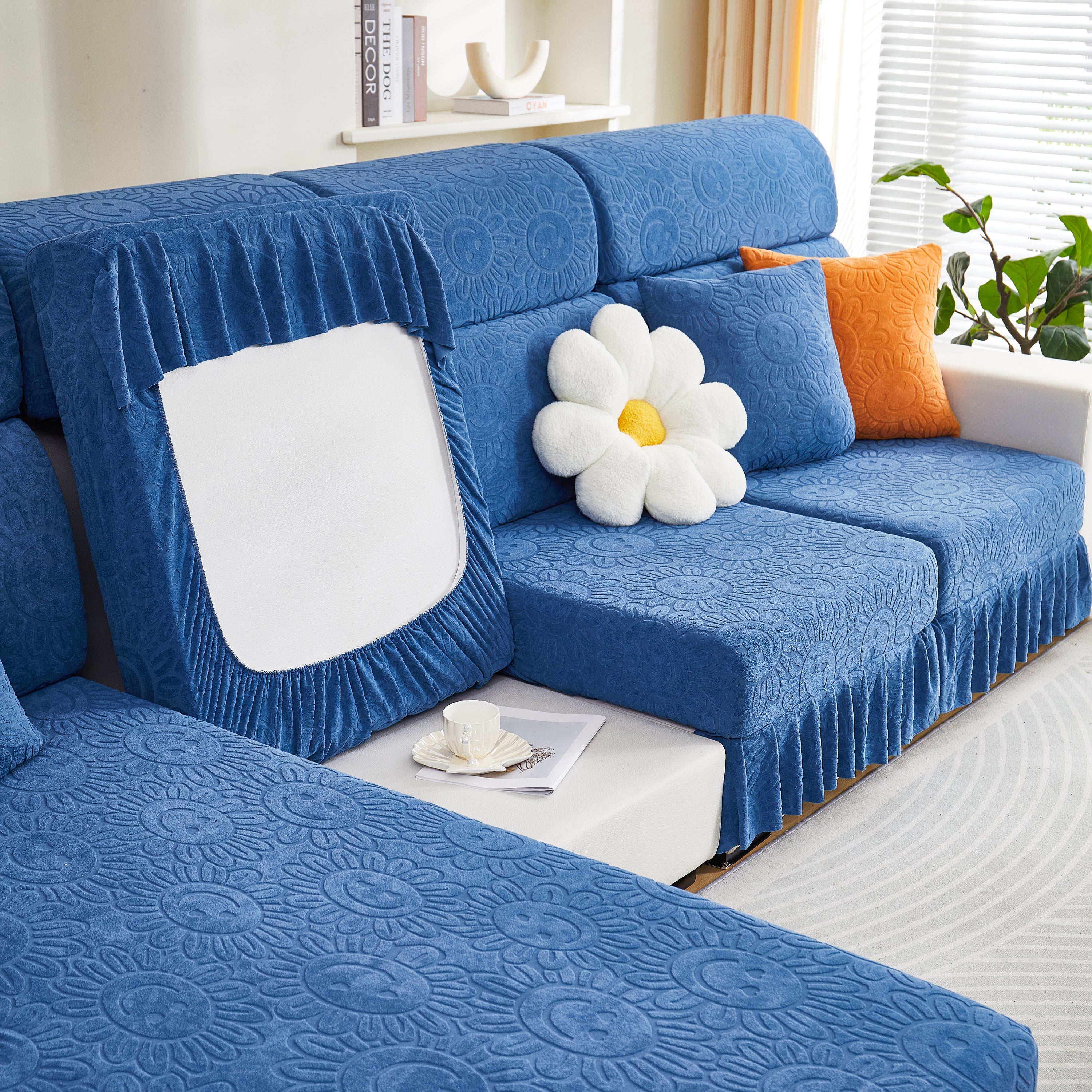Sofa Seat Cover, Sunflower Patterned Elastic Skirted Couch Cushion Covers for 1/2/3/4-Seater Sofas