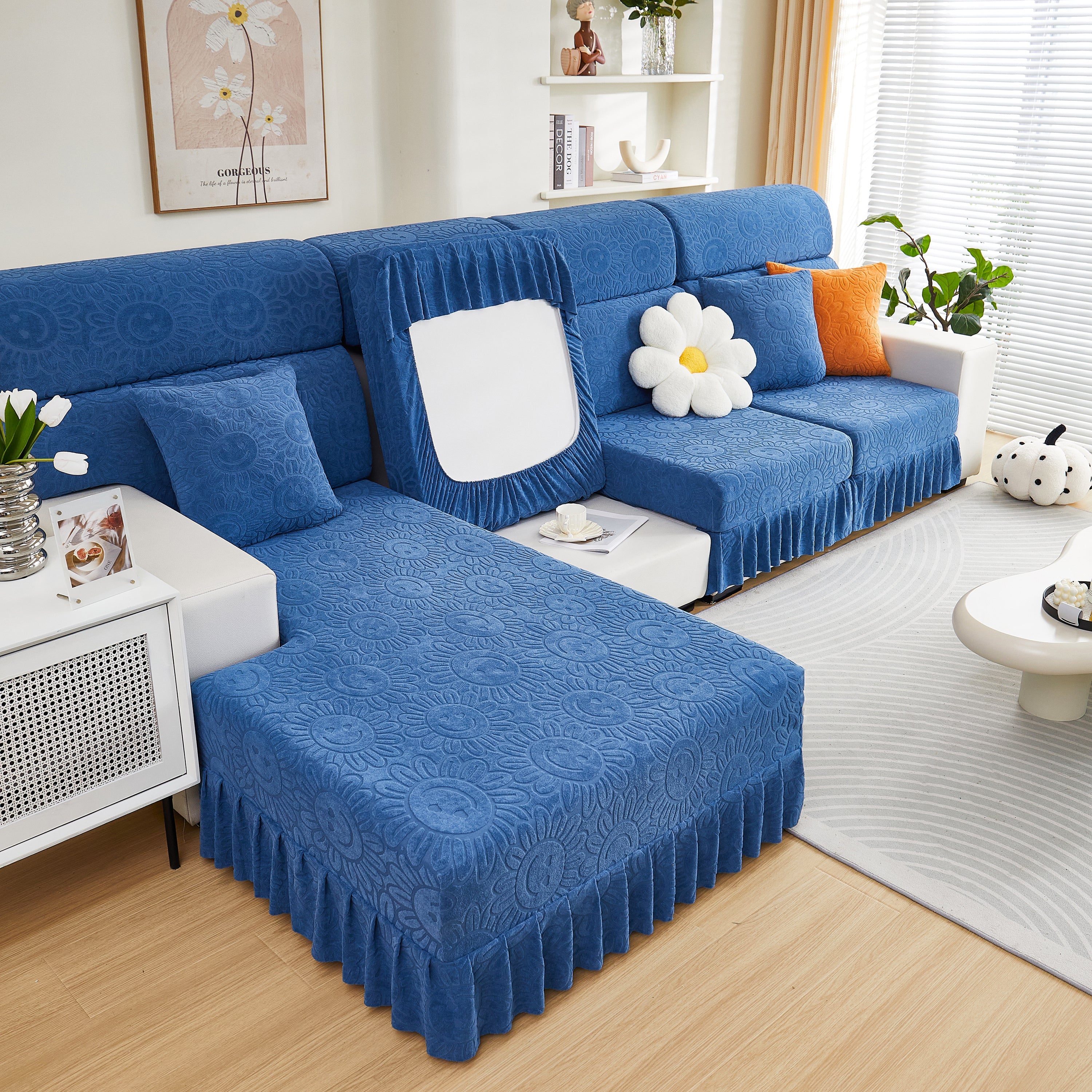 Sofa Seat Cover, Sunflower Patterned Elastic Skirted Couch Cushion Covers for 1/2/3/4-Seater Sofas
