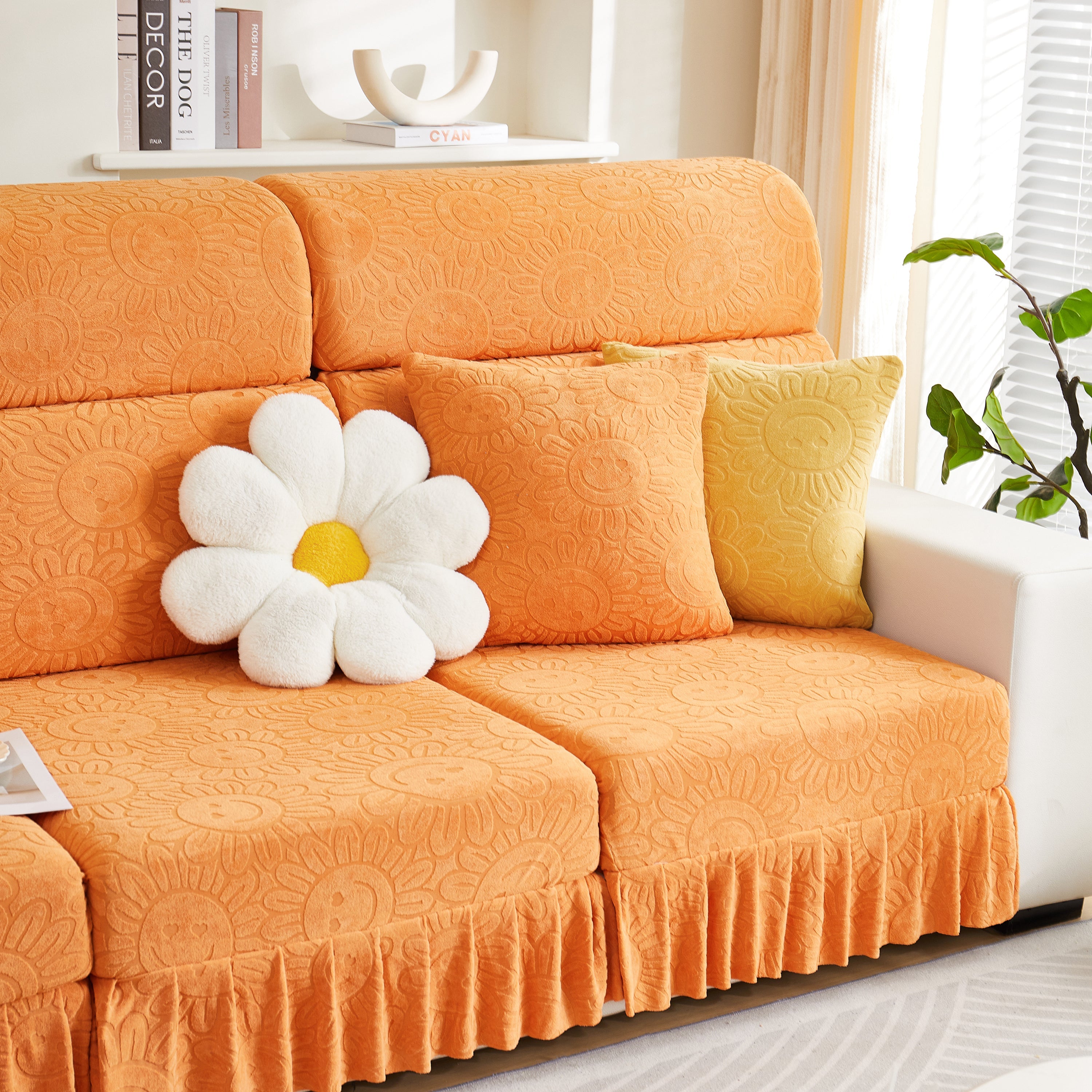 Sofa Seat Cover, Sunflower Patterned Elastic Skirted Couch Cushion Covers for 1/2/3/4-Seater Sofas