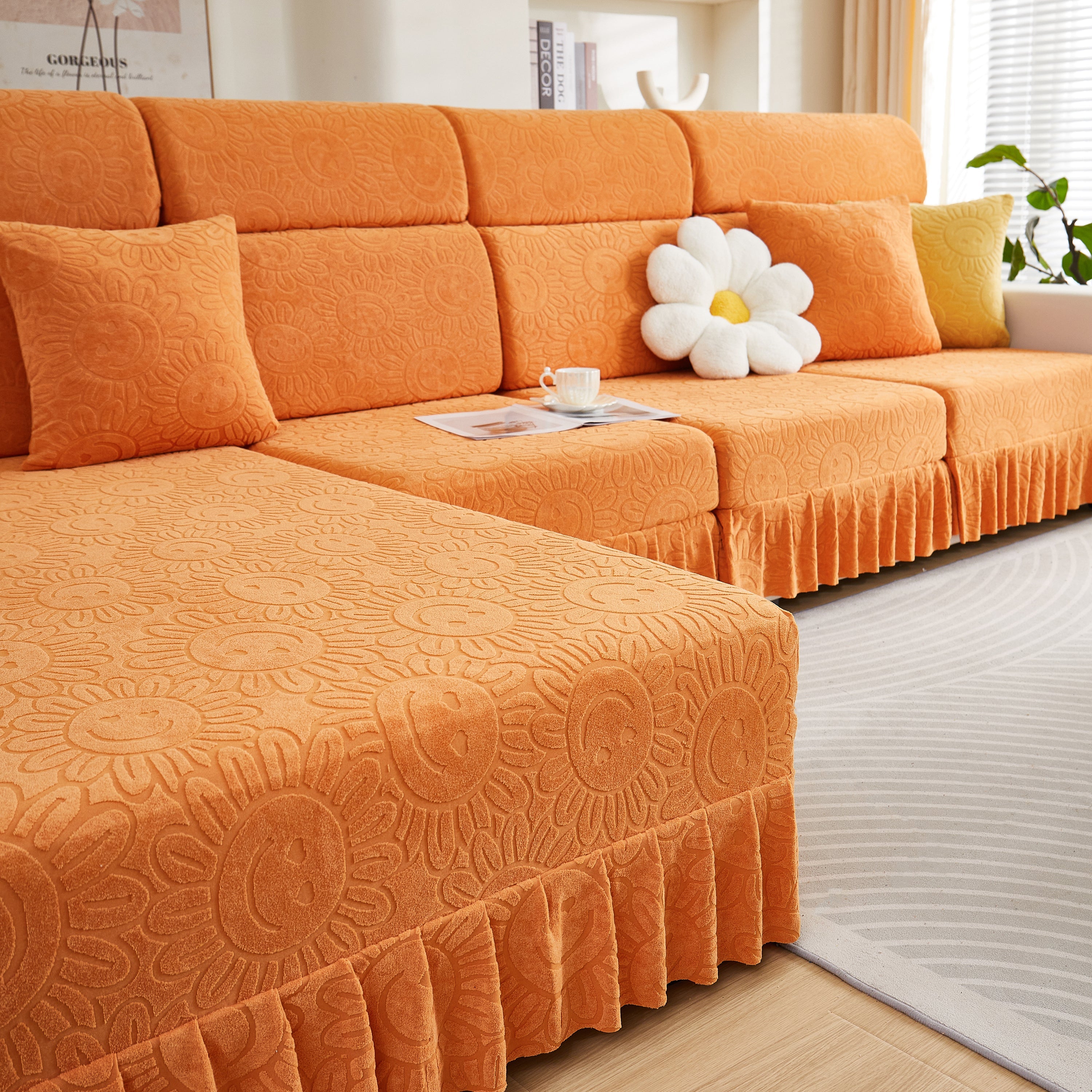 Sofa Seat Cover, Sunflower Patterned Elastic Skirted Couch Cushion Covers for 1/2/3/4-Seater Sofas