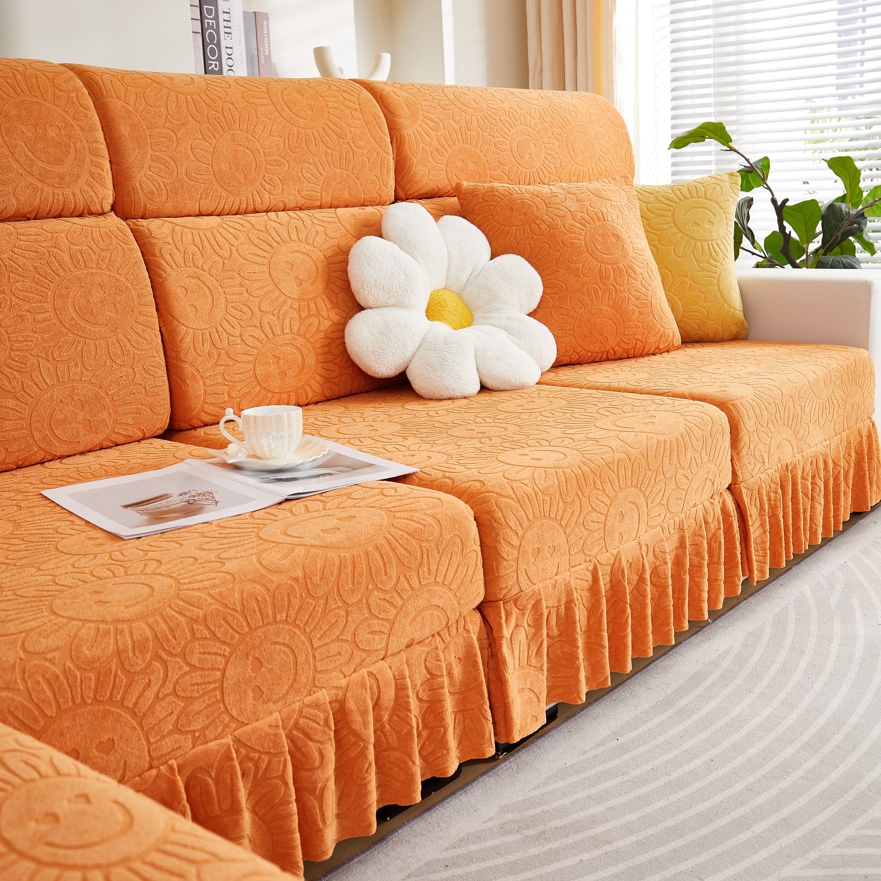 Sofa Seat Cover, Sunflower Patterned Elastic Skirted Couch Cushion Covers for 1/2/3/4-Seater Sofas