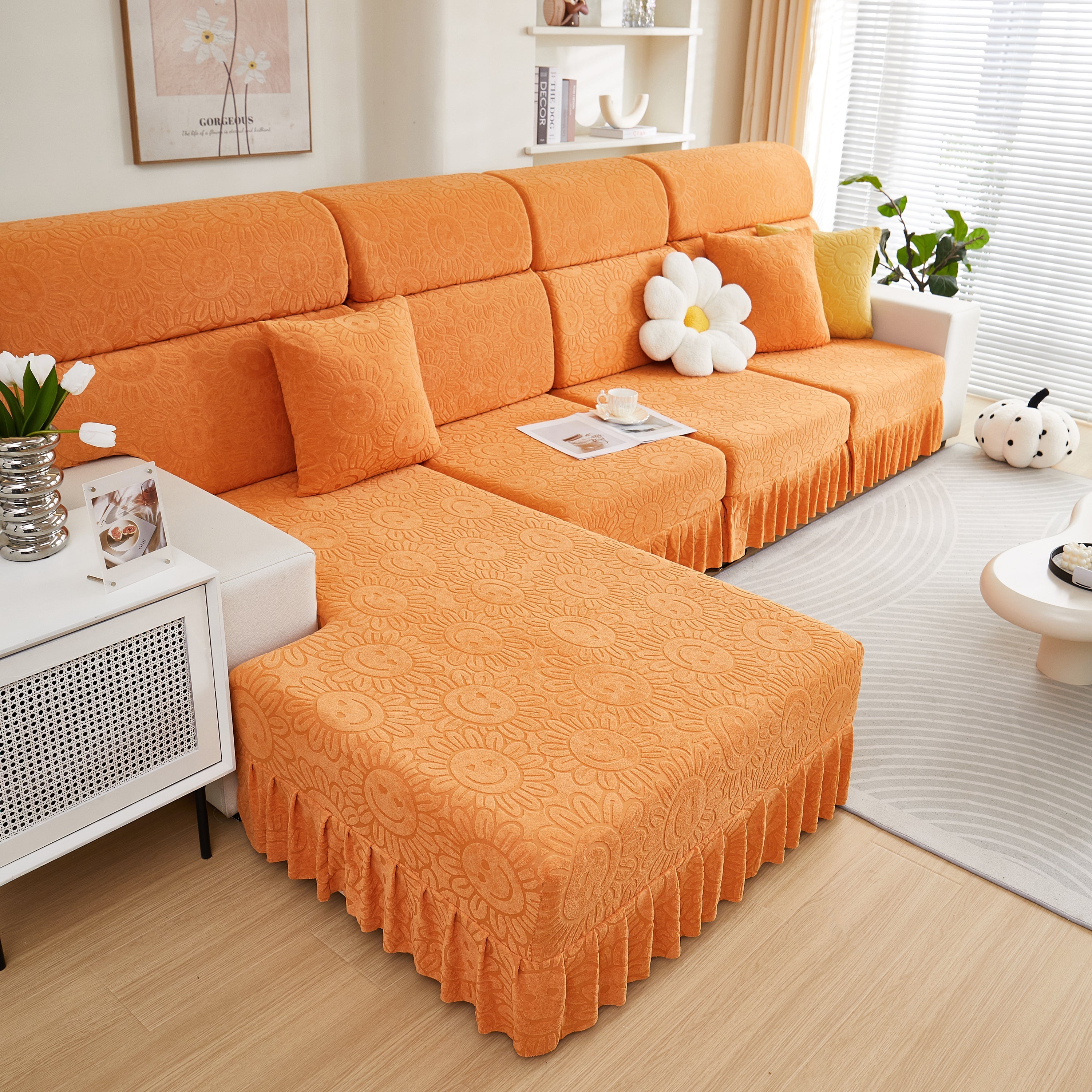 Sofa Seat Cover, Sunflower Patterned Elastic Skirted Couch Cushion Covers for 1/2/3/4-Seater Sofas