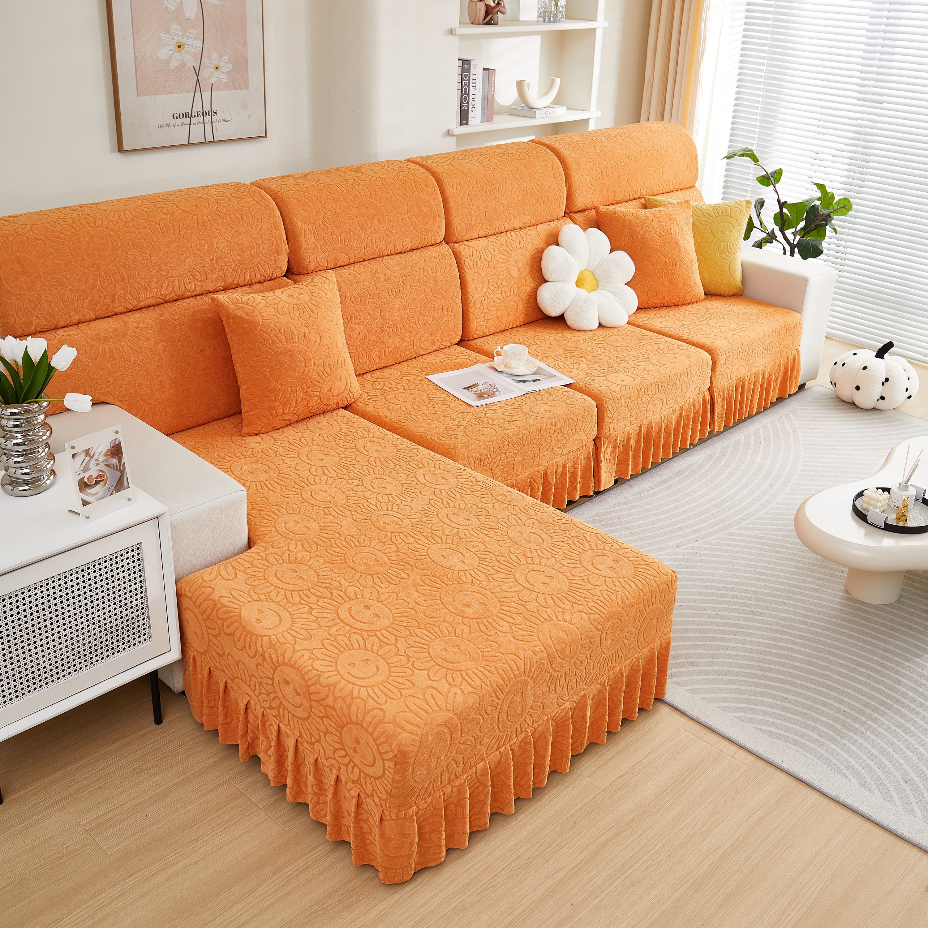 Sofa Seat Cover, Sunflower Patterned Elastic Skirted Couch Cushion Covers for 1/2/3/4-Seater Sofas