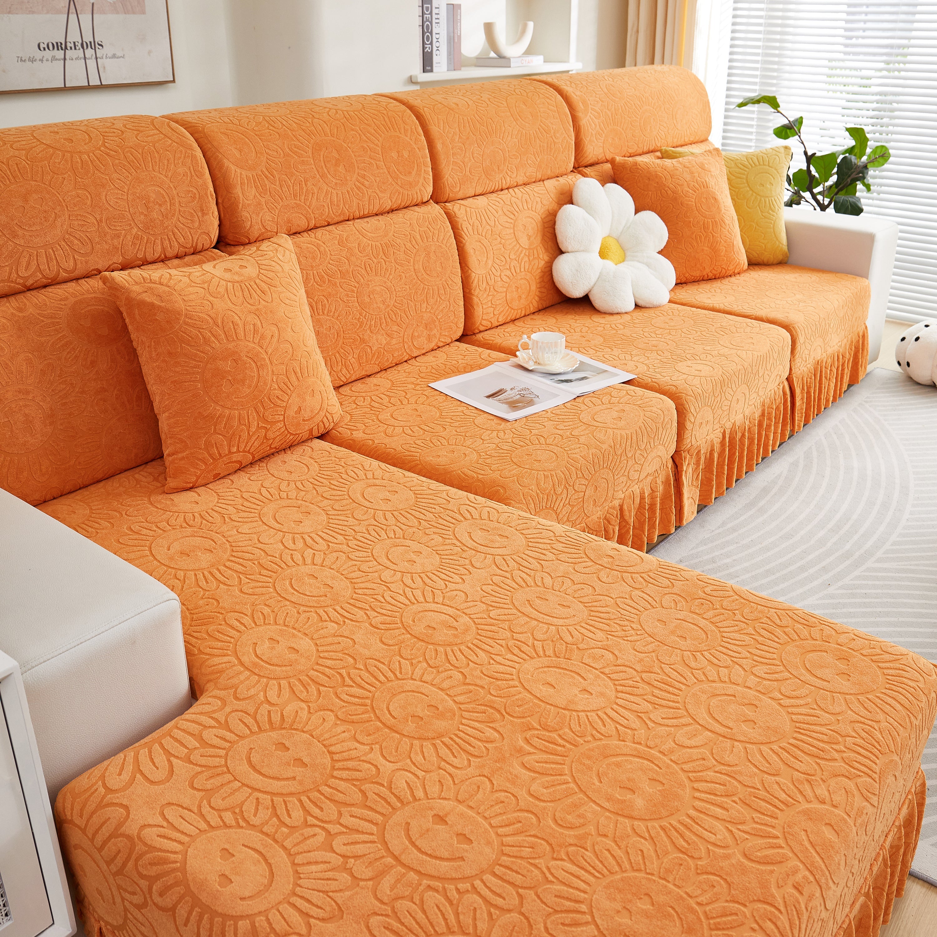 Sofa Seat Cover, Sunflower Patterned Elastic Skirted Couch Cushion Covers for 1/2/3/4-Seater Sofas