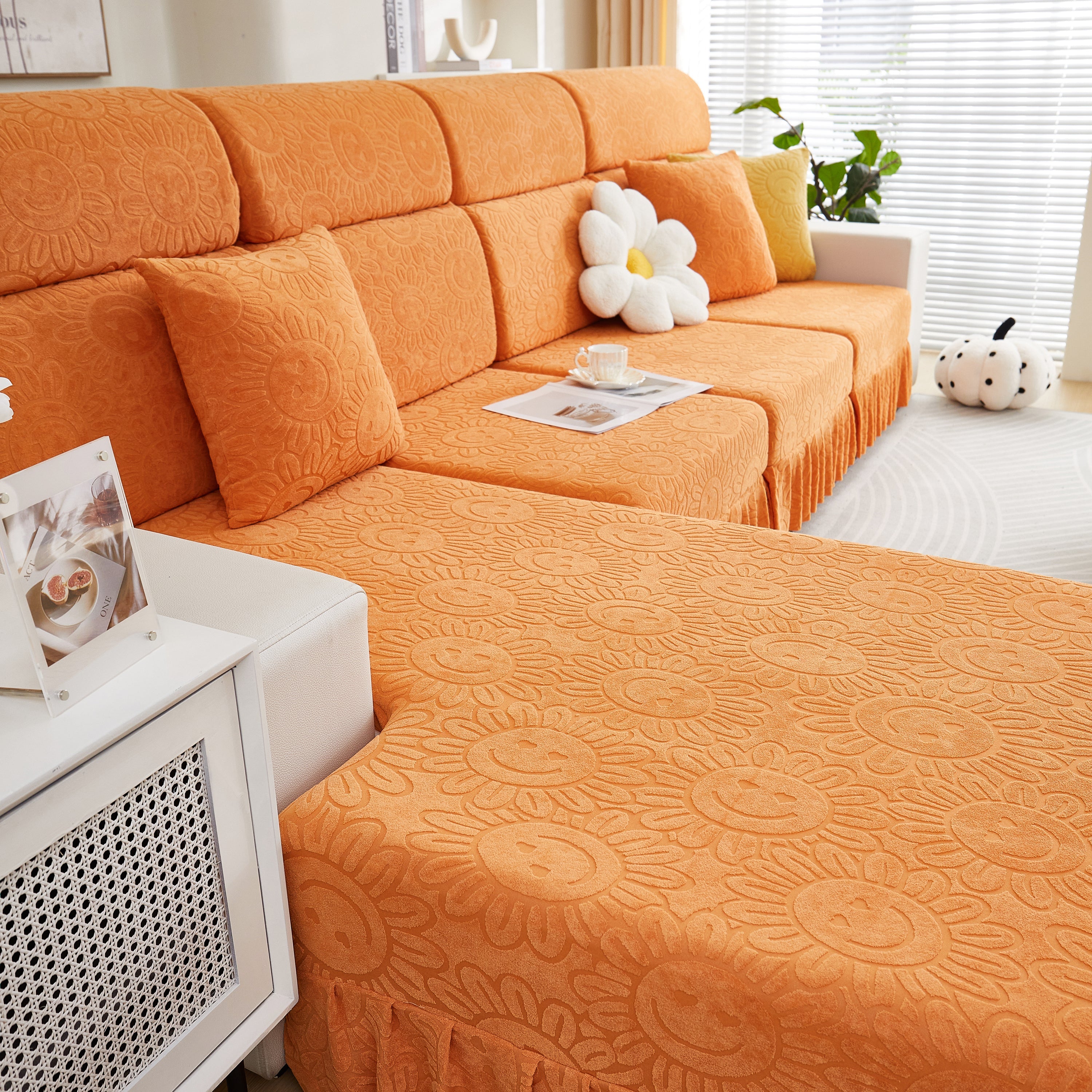 Sofa Seat Cover, Sunflower Patterned Elastic Skirted Couch Cushion Covers for 1/2/3/4-Seater Sofas