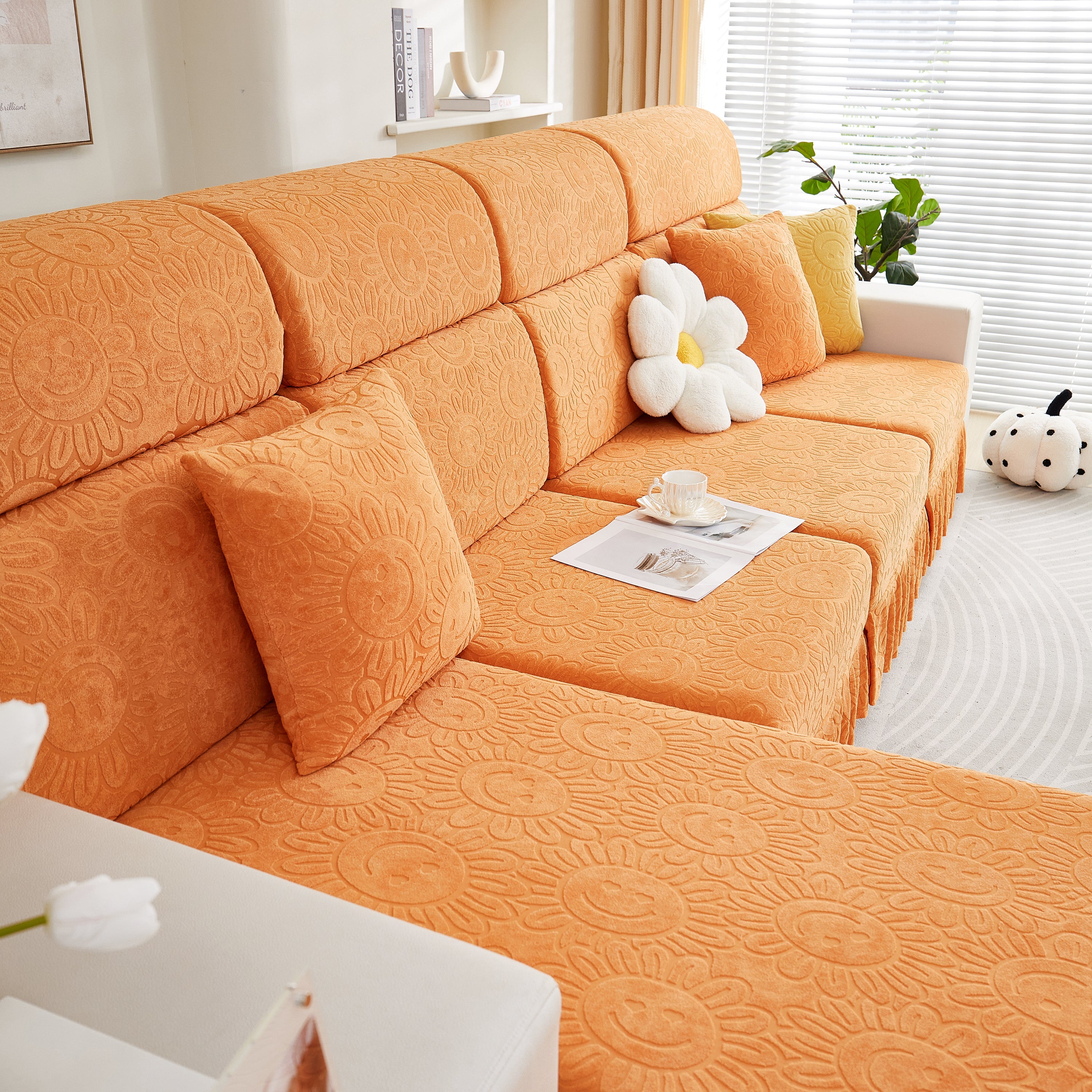 Sofa Seat Cover, Sunflower Patterned Elastic Skirted Couch Cushion Covers for 1/2/3/4-Seater Sofas