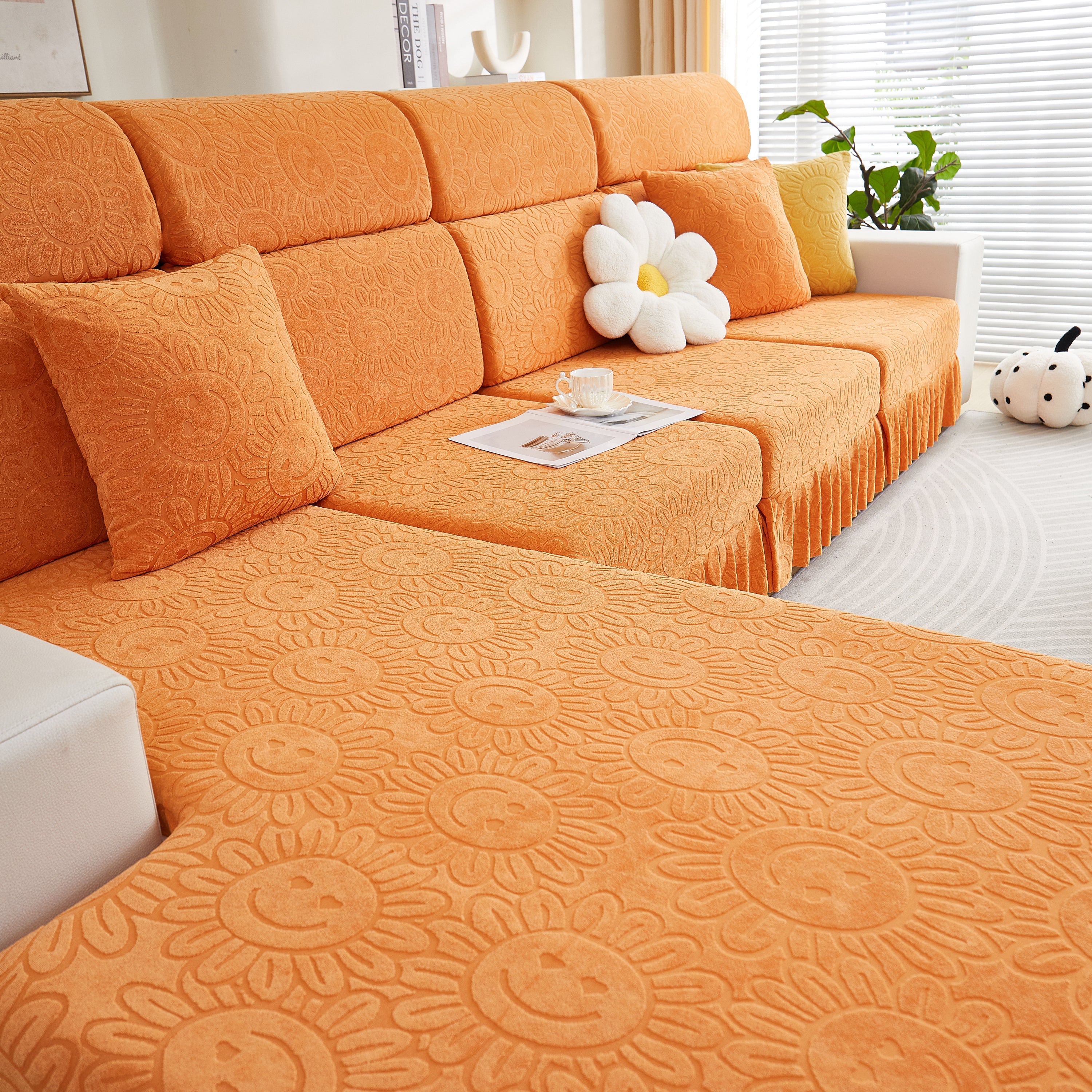 Sofa Seat Cover, Sunflower Patterned Elastic Skirted Couch Cushion Covers for 1/2/3/4-Seater Sofas
