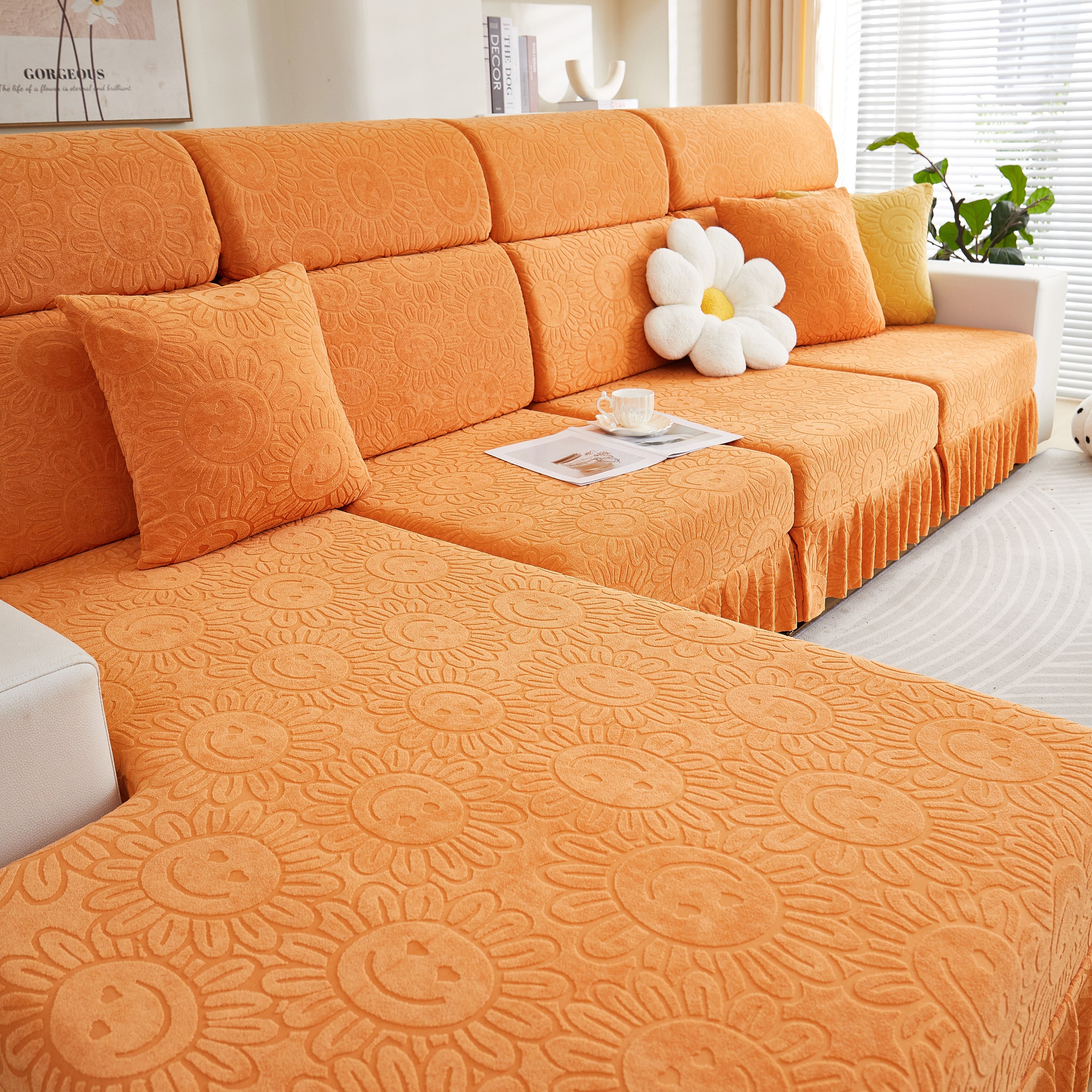 Sofa Seat Cover, Sunflower Patterned Elastic Skirted Couch Cushion Covers for 1/2/3/4-Seater Sofas
