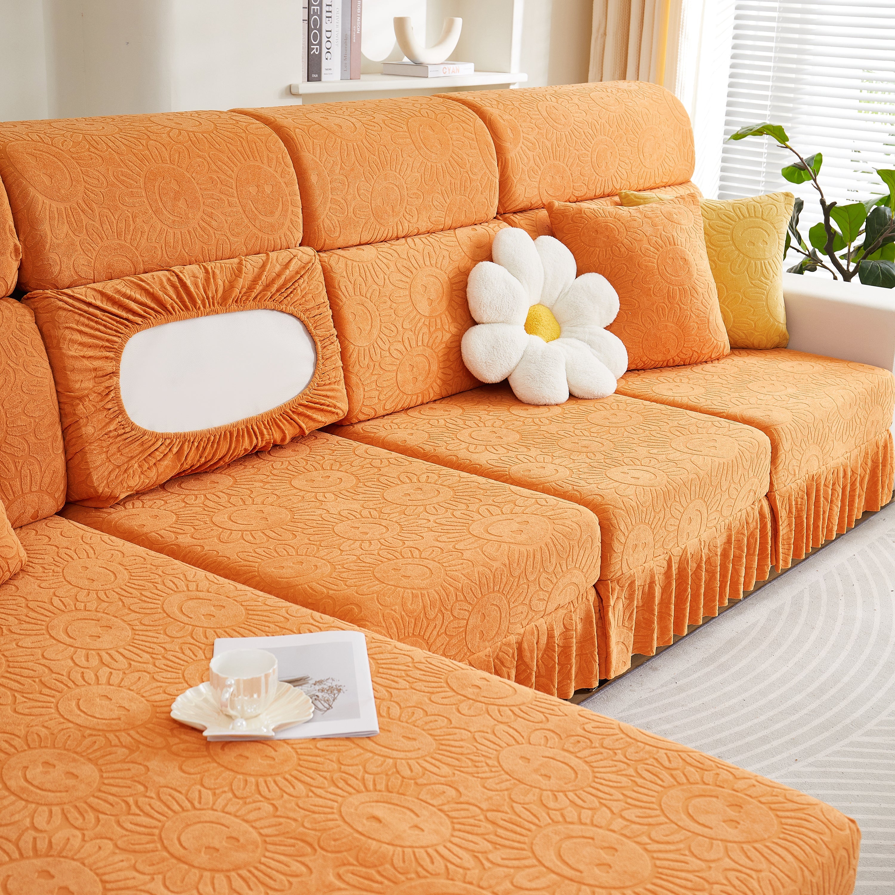 Sofa Seat Cover, Sunflower Patterned Elastic Skirted Couch Cushion Covers for 1/2/3/4-Seater Sofas