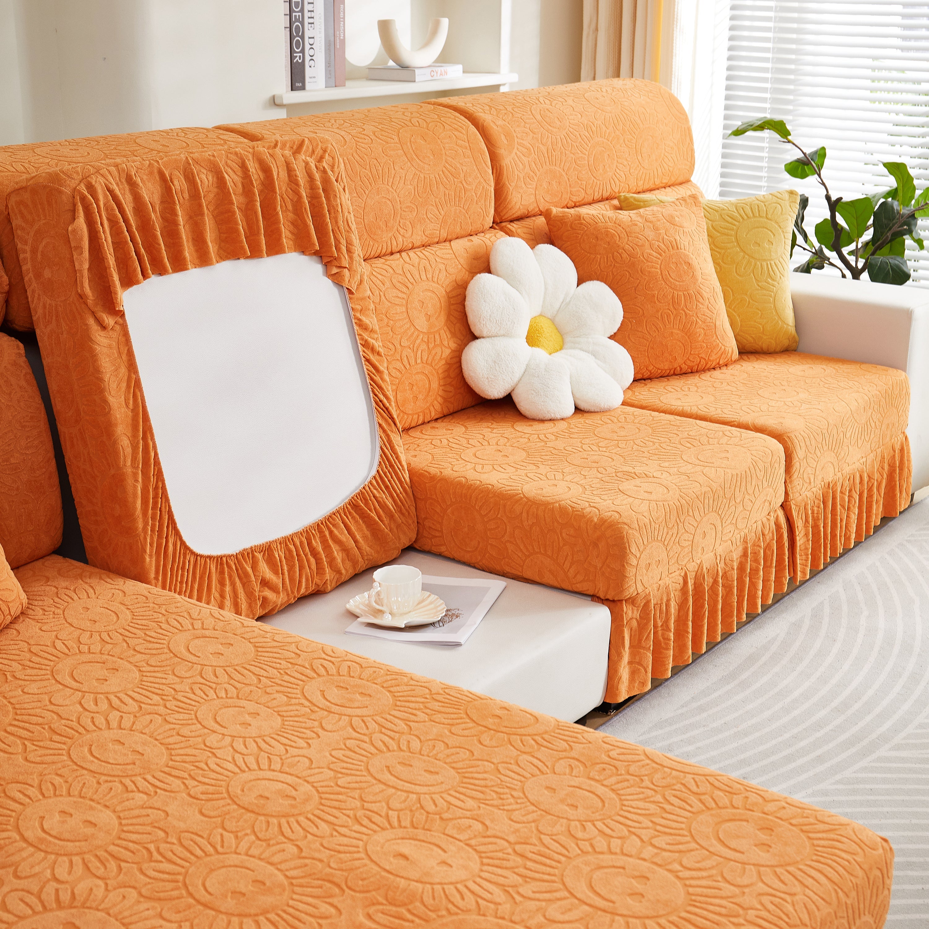 Sofa Seat Cover, Sunflower Patterned Elastic Skirted Couch Cushion Covers for 1/2/3/4-Seater Sofas