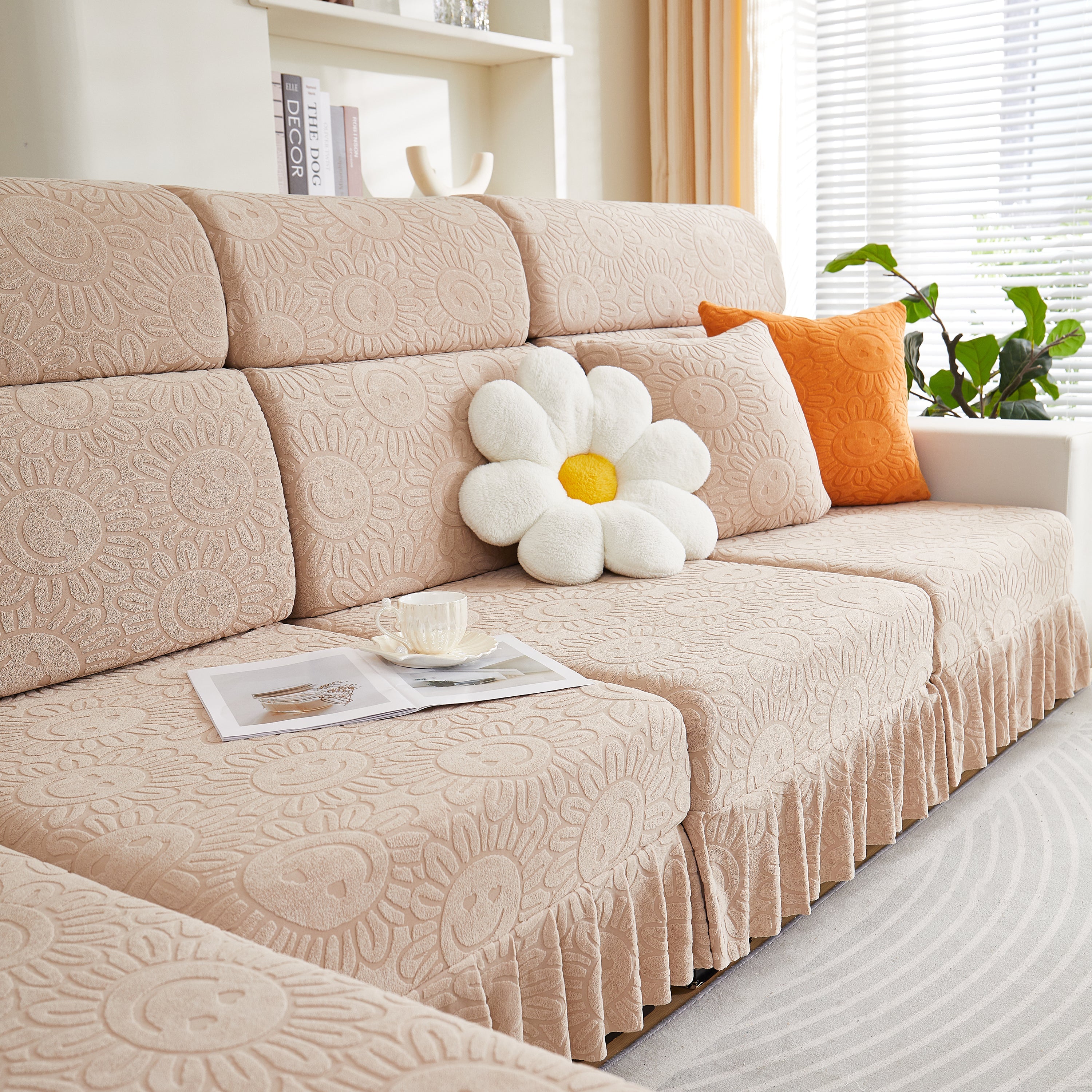 Sofa Seat Cover, Sunflower Patterned Elastic Skirted Couch Cushion Covers for 1/2/3/4-Seater Sofas