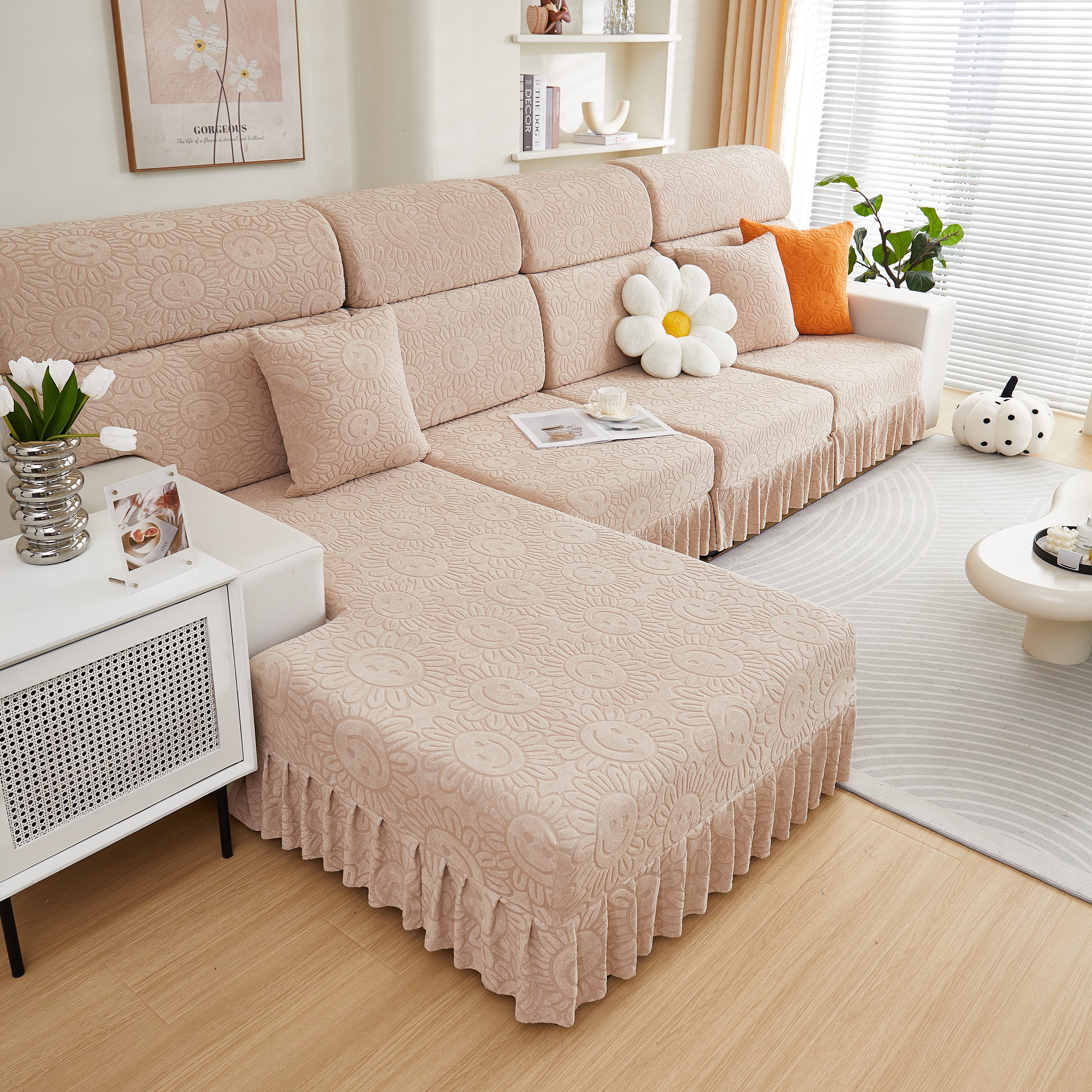 Sofa Seat Cover, Sunflower Patterned Elastic Skirted Couch Cushion Covers for 1/2/3/4-Seater Sofas