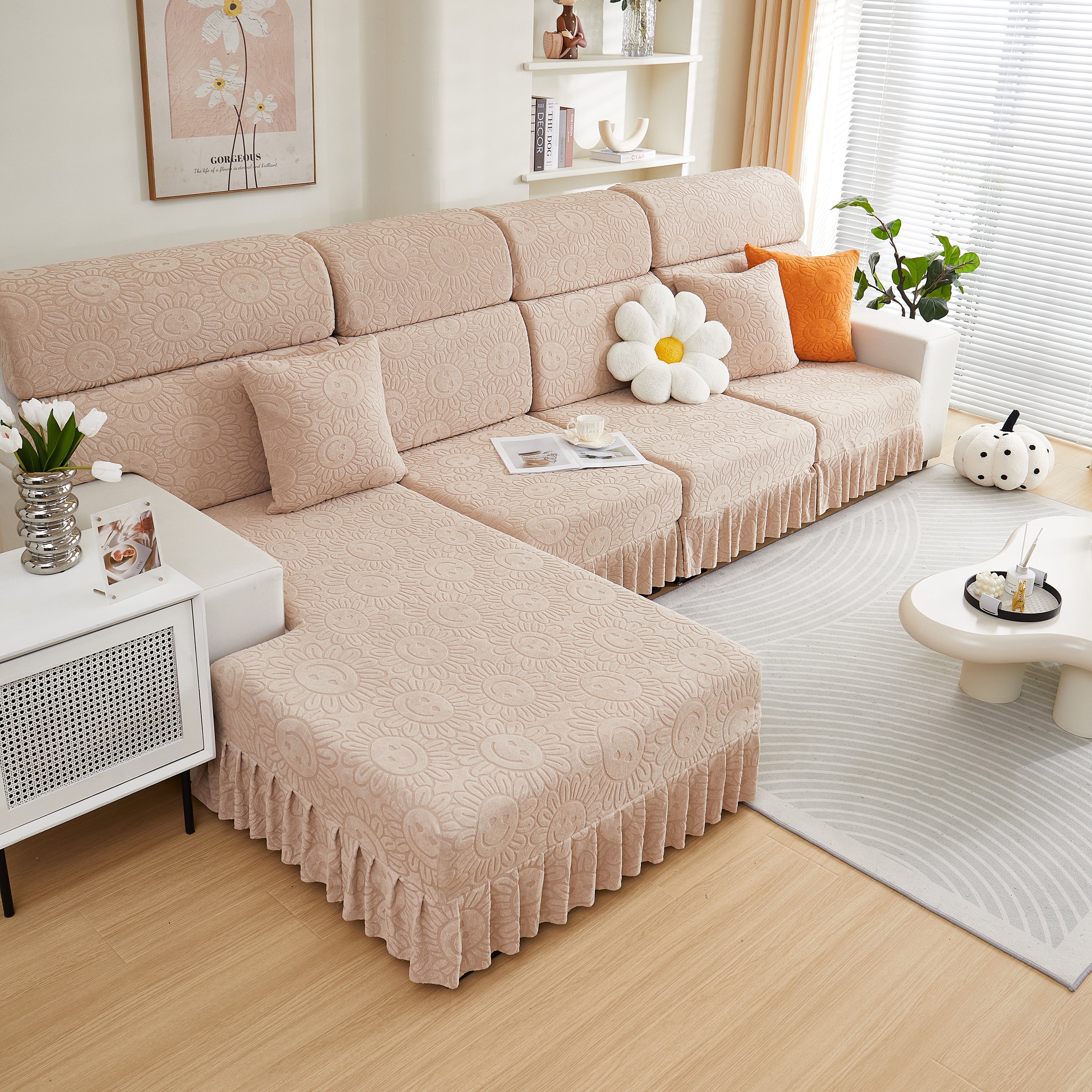 Sofa Seat Cover, Sunflower Patterned Elastic Skirted Couch Cushion Covers for 1/2/3/4-Seater Sofas