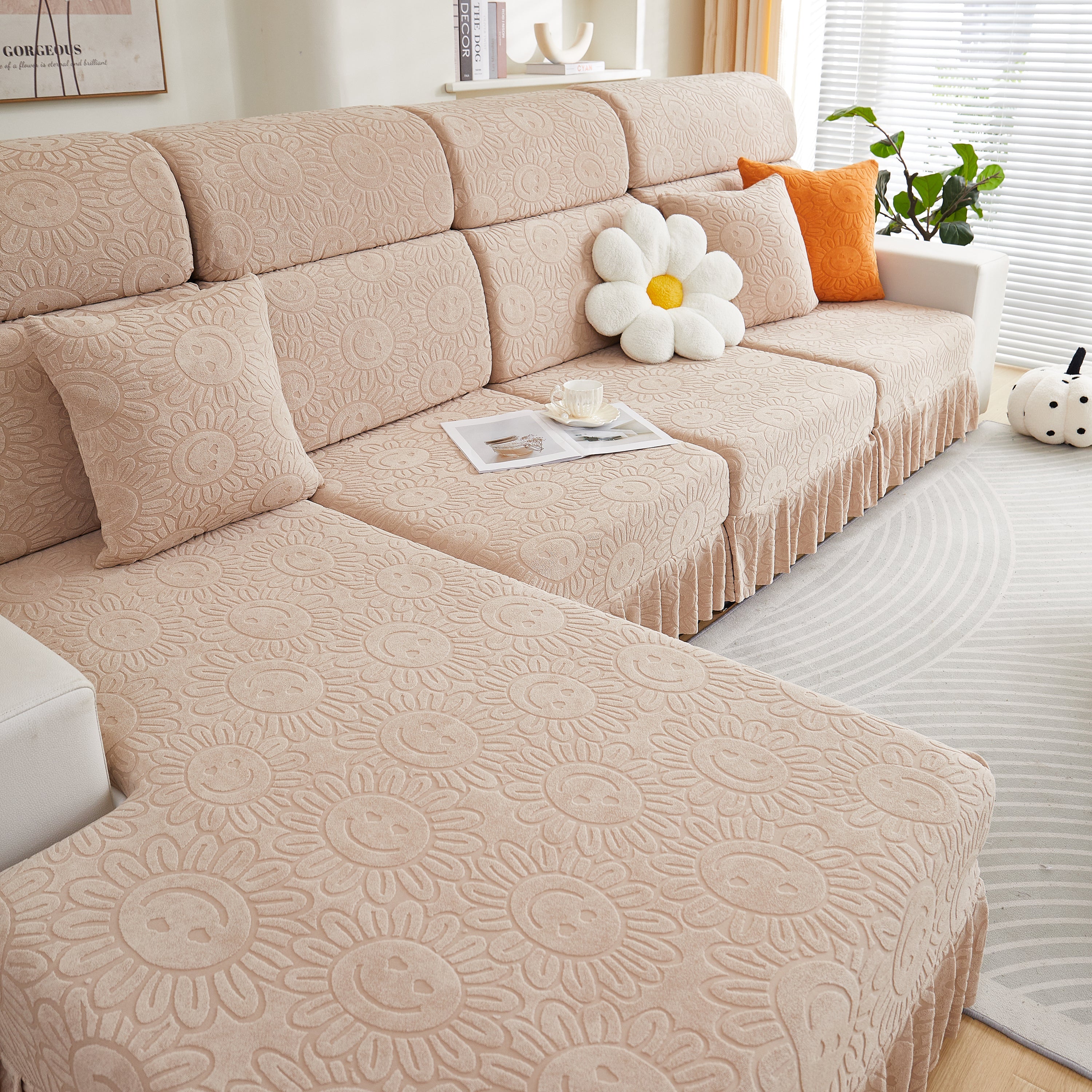 Sofa Seat Cover, Sunflower Patterned Elastic Skirted Couch Cushion Covers for 1/2/3/4-Seater Sofas