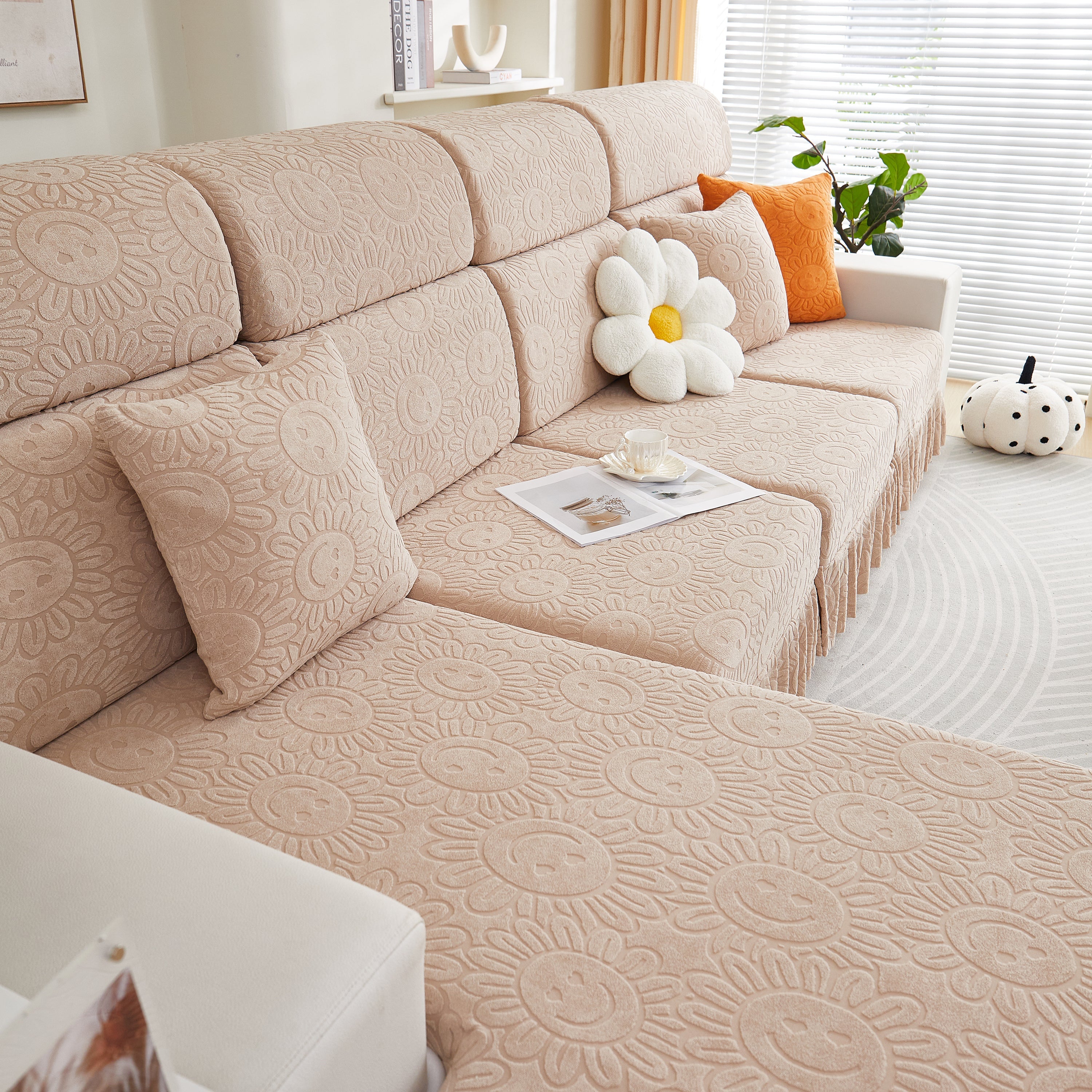 Sofa Seat Cover, Sunflower Patterned Elastic Skirted Couch Cushion Covers for 1/2/3/4-Seater Sofas