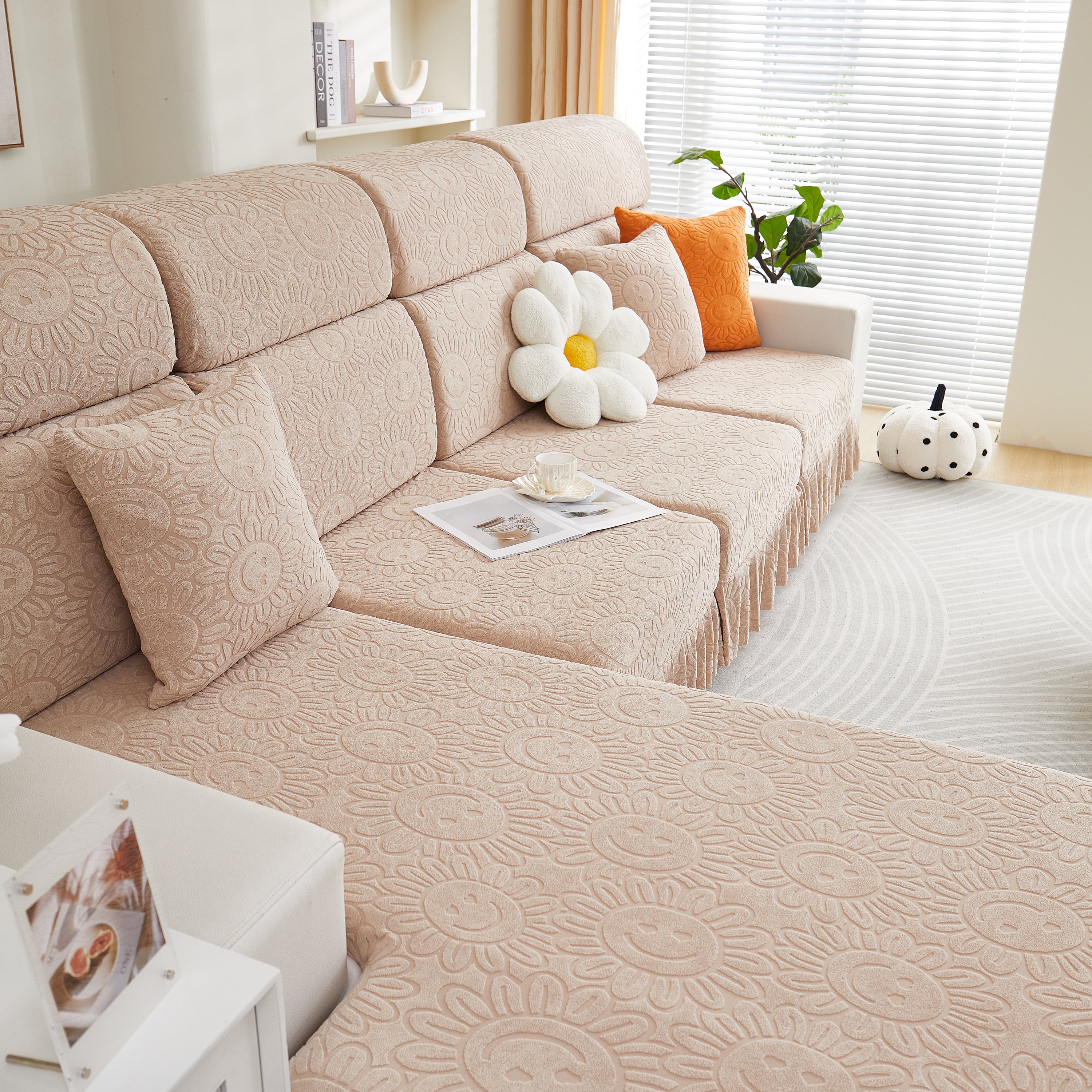 Sofa Seat Cover, Sunflower Patterned Elastic Skirted Couch Cushion Covers for 1/2/3/4-Seater Sofas