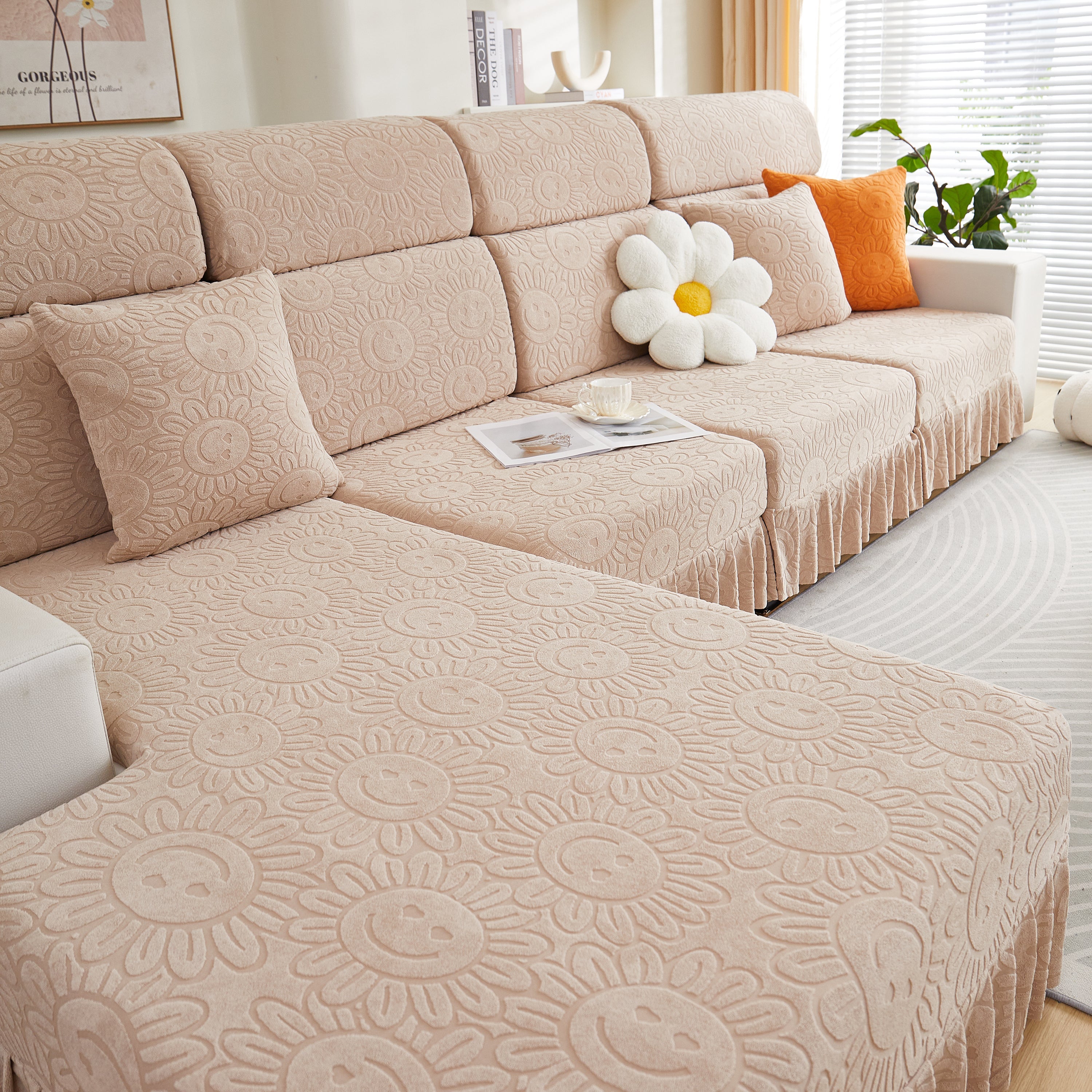 Sofa Seat Cover, Sunflower Patterned Elastic Skirted Couch Cushion Covers for 1/2/3/4-Seater Sofas