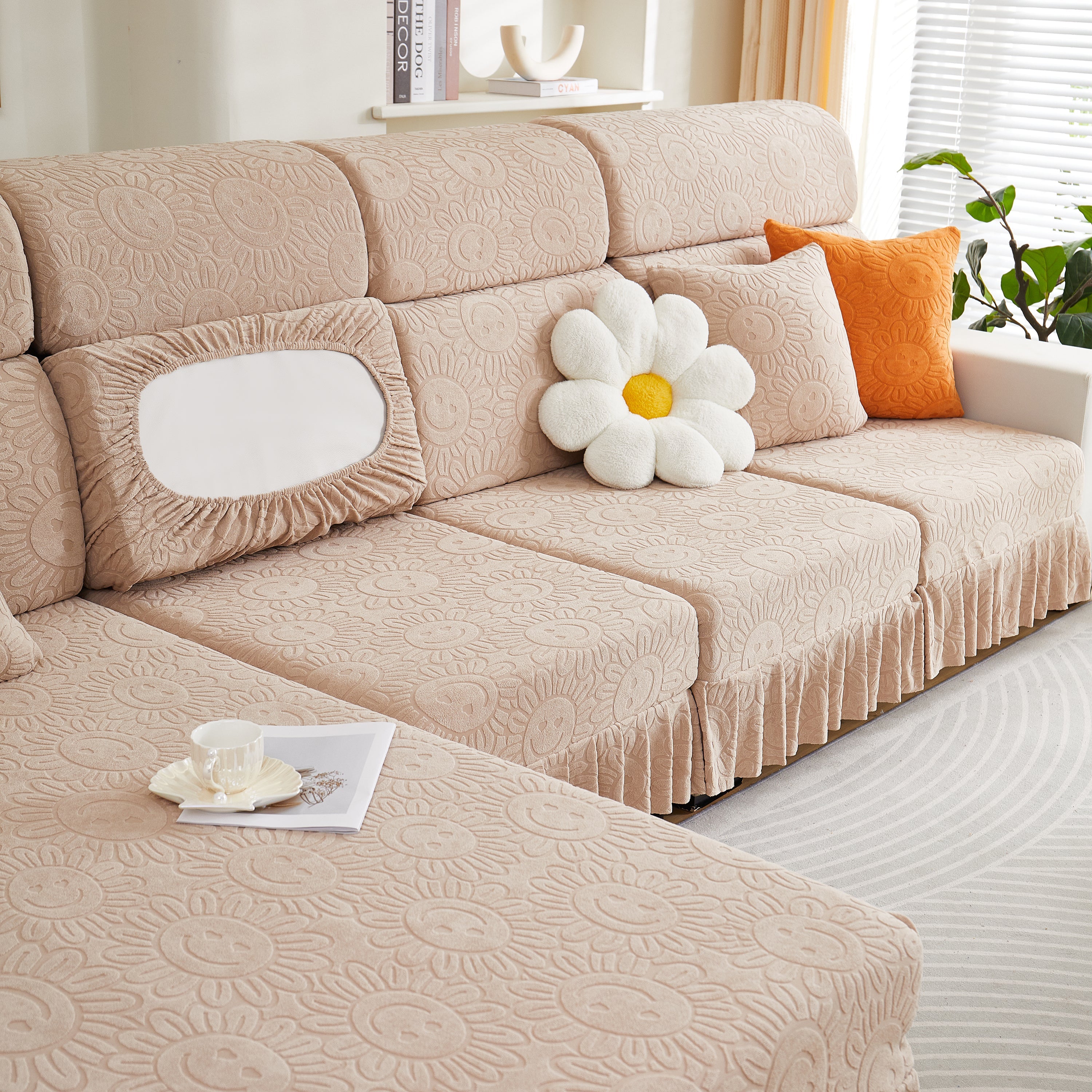 Sofa Seat Cover, Sunflower Patterned Elastic Skirted Couch Cushion Covers for 1/2/3/4-Seater Sofas