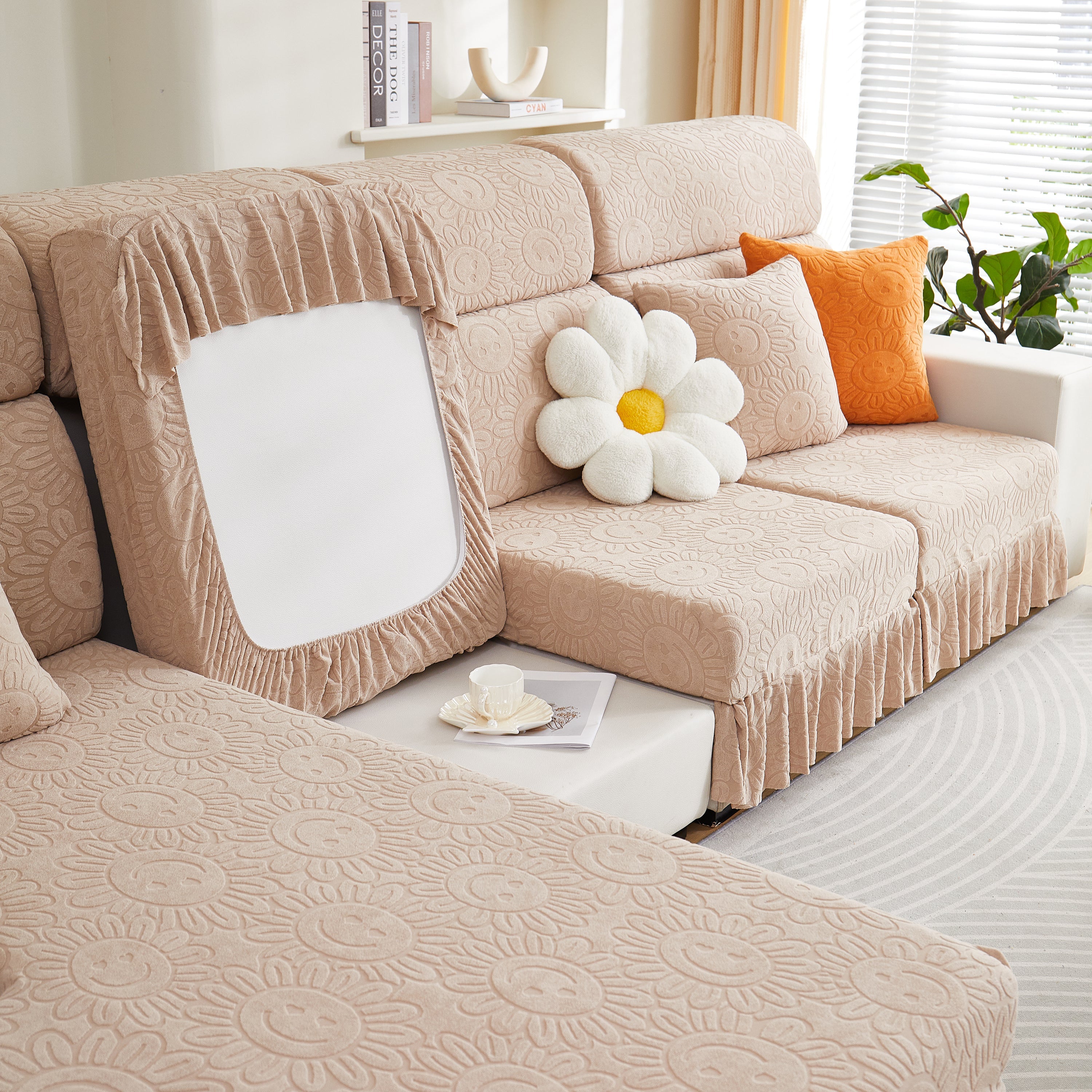 Sofa Seat Cover, Sunflower Patterned Elastic Skirted Couch Cushion Covers for 1/2/3/4-Seater Sofas
