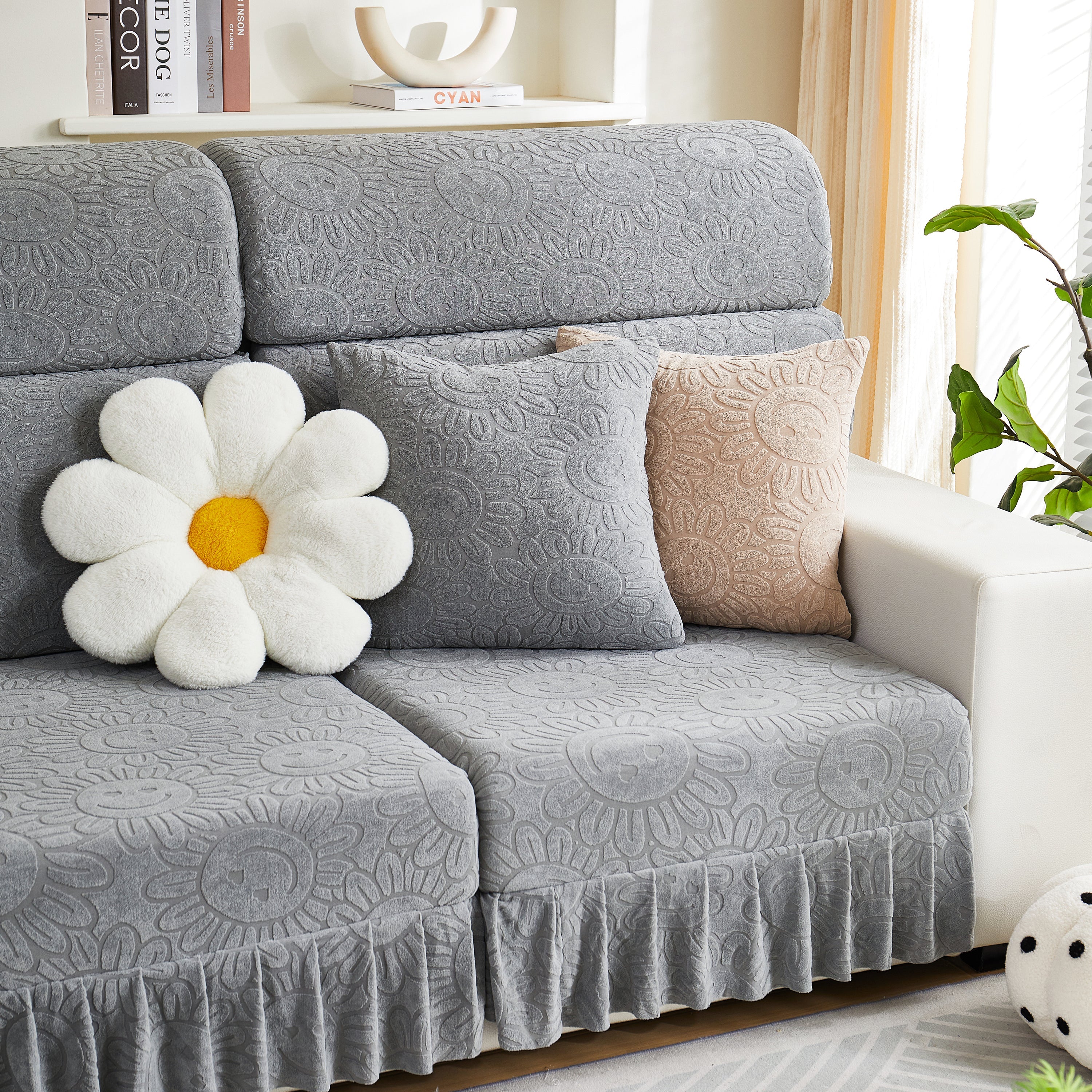 Sofa Seat Cover, Sunflower Patterned Elastic Skirted Couch Cushion Covers for 1/2/3/4-Seater Sofas