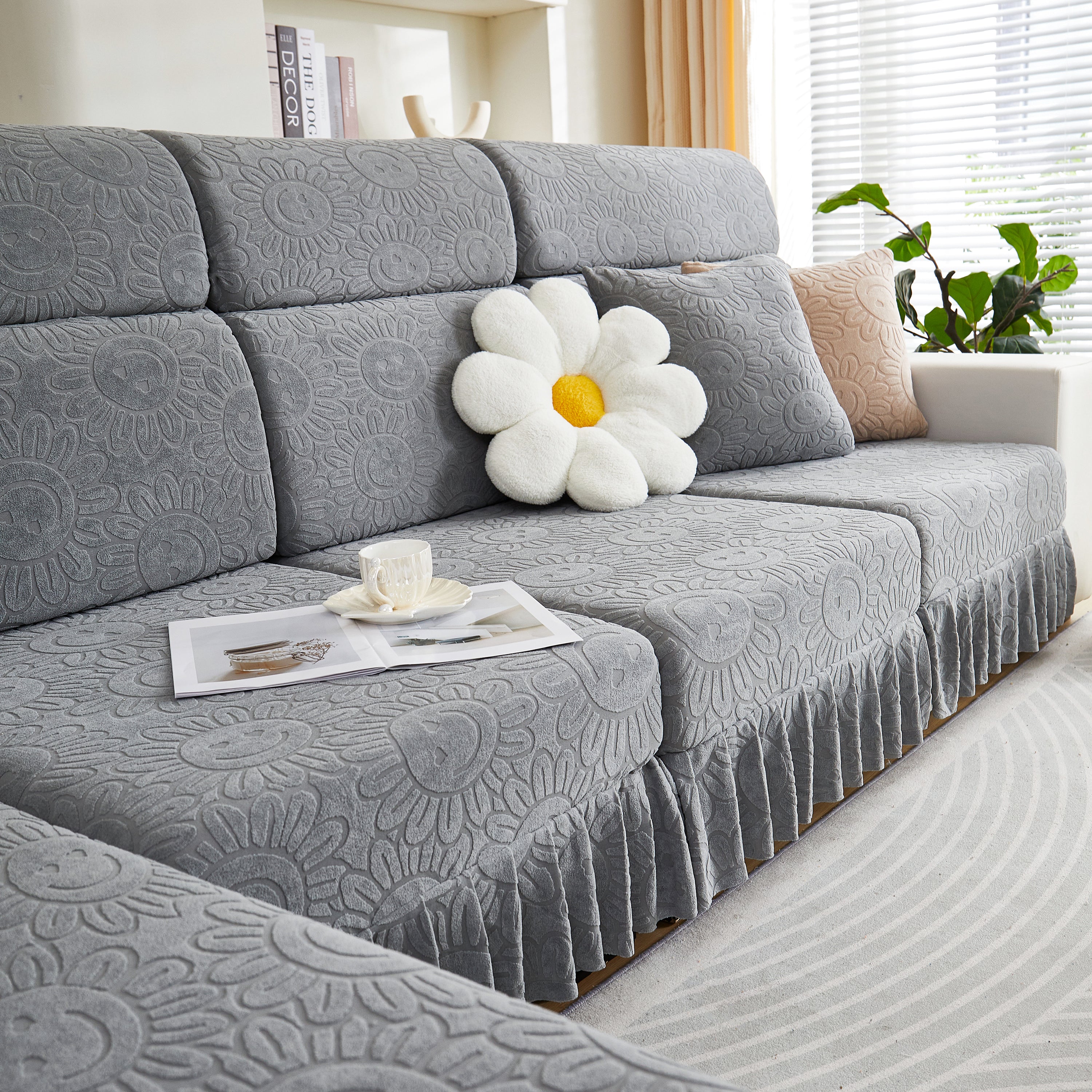 Sofa Seat Cover, Sunflower Patterned Elastic Skirted Couch Cushion Covers for 1/2/3/4-Seater Sofas
