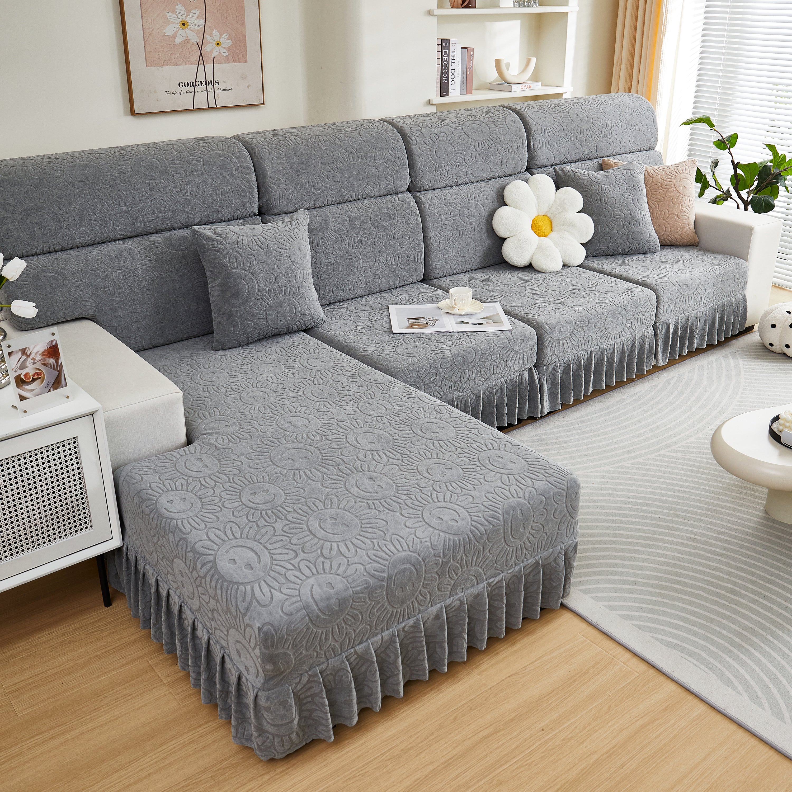 Sofa Seat Cover, Sunflower Patterned Elastic Skirted Couch Cushion Covers for 1/2/3/4-Seater Sofas