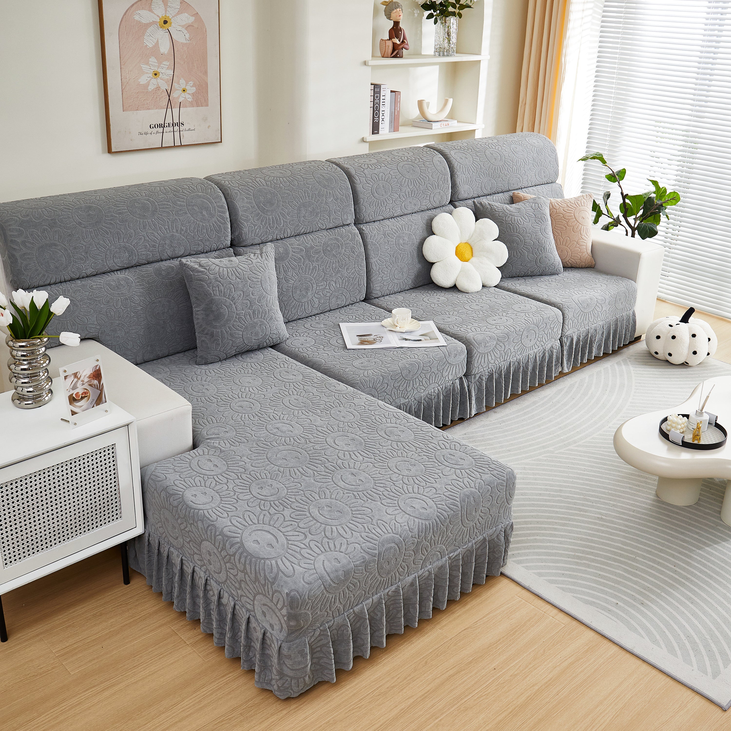 Sofa Seat Cover, Sunflower Patterned Elastic Skirted Couch Cushion Covers for 1/2/3/4-Seater Sofas
