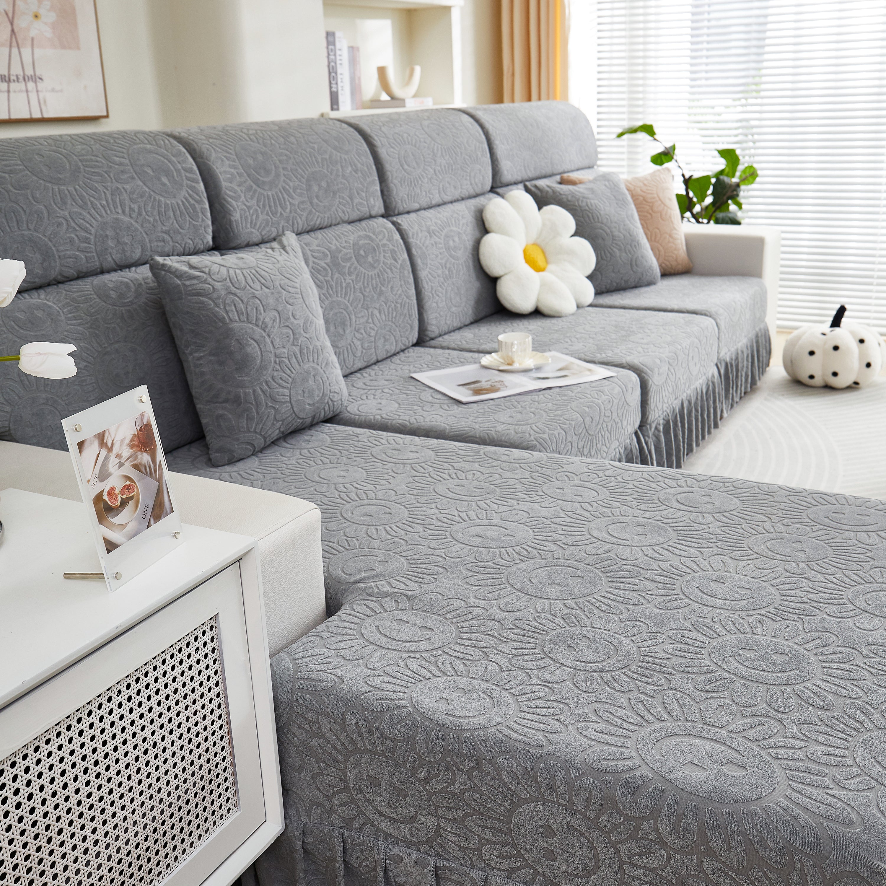 Sofa Seat Cover, Sunflower Patterned Elastic Skirted Couch Cushion Covers for 1/2/3/4-Seater Sofas