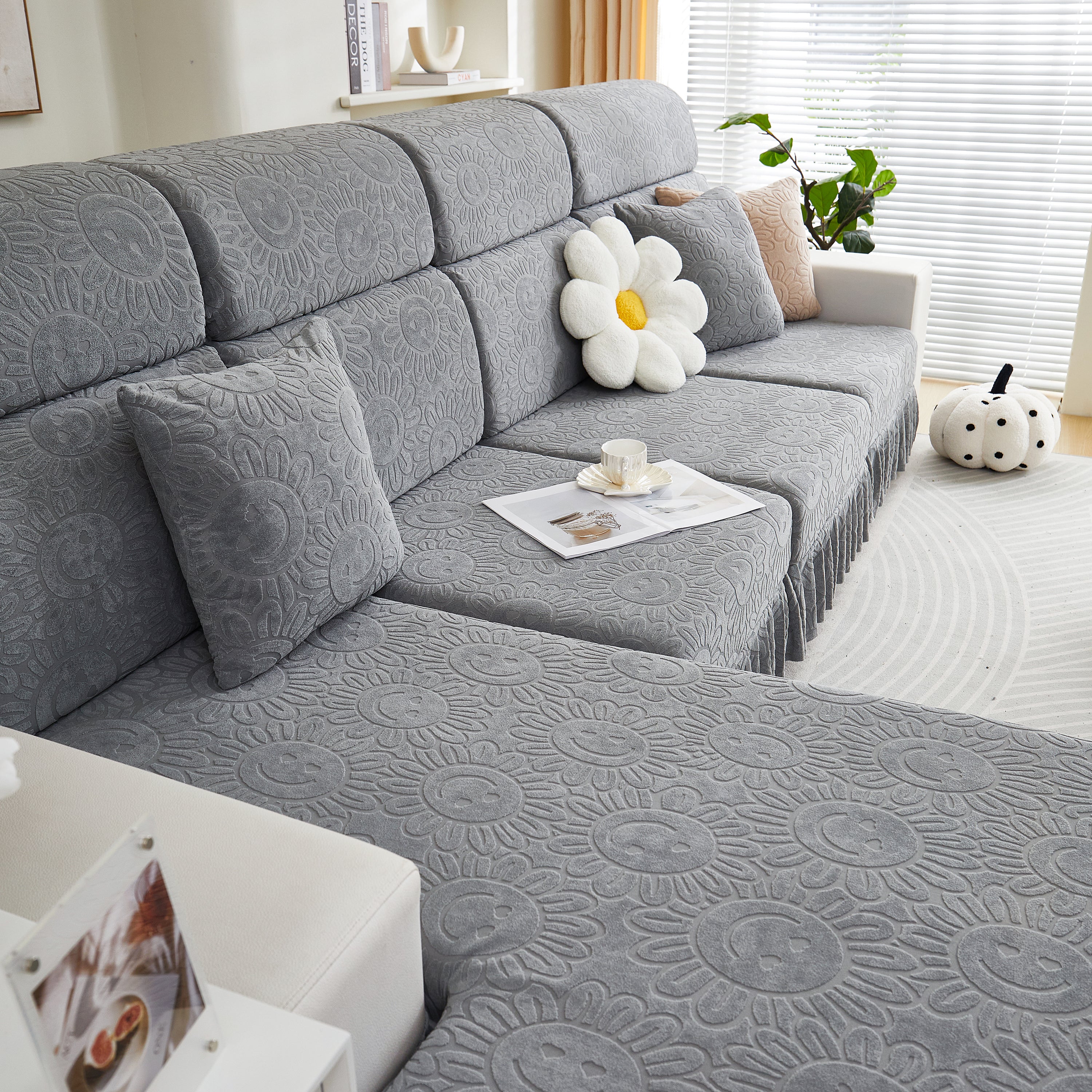 Sofa Seat Cover, Sunflower Patterned Elastic Skirted Couch Cushion Covers for 1/2/3/4-Seater Sofas