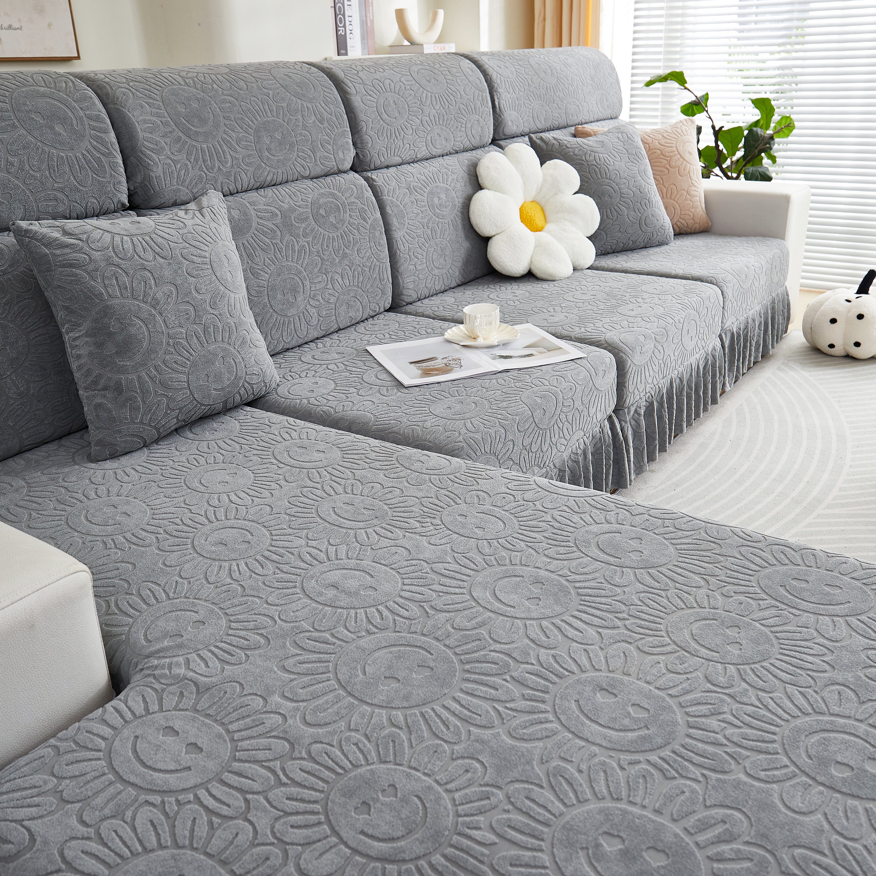 Sofa Seat Cover, Sunflower Patterned Elastic Skirted Couch Cushion Covers for 1/2/3/4-Seater Sofas