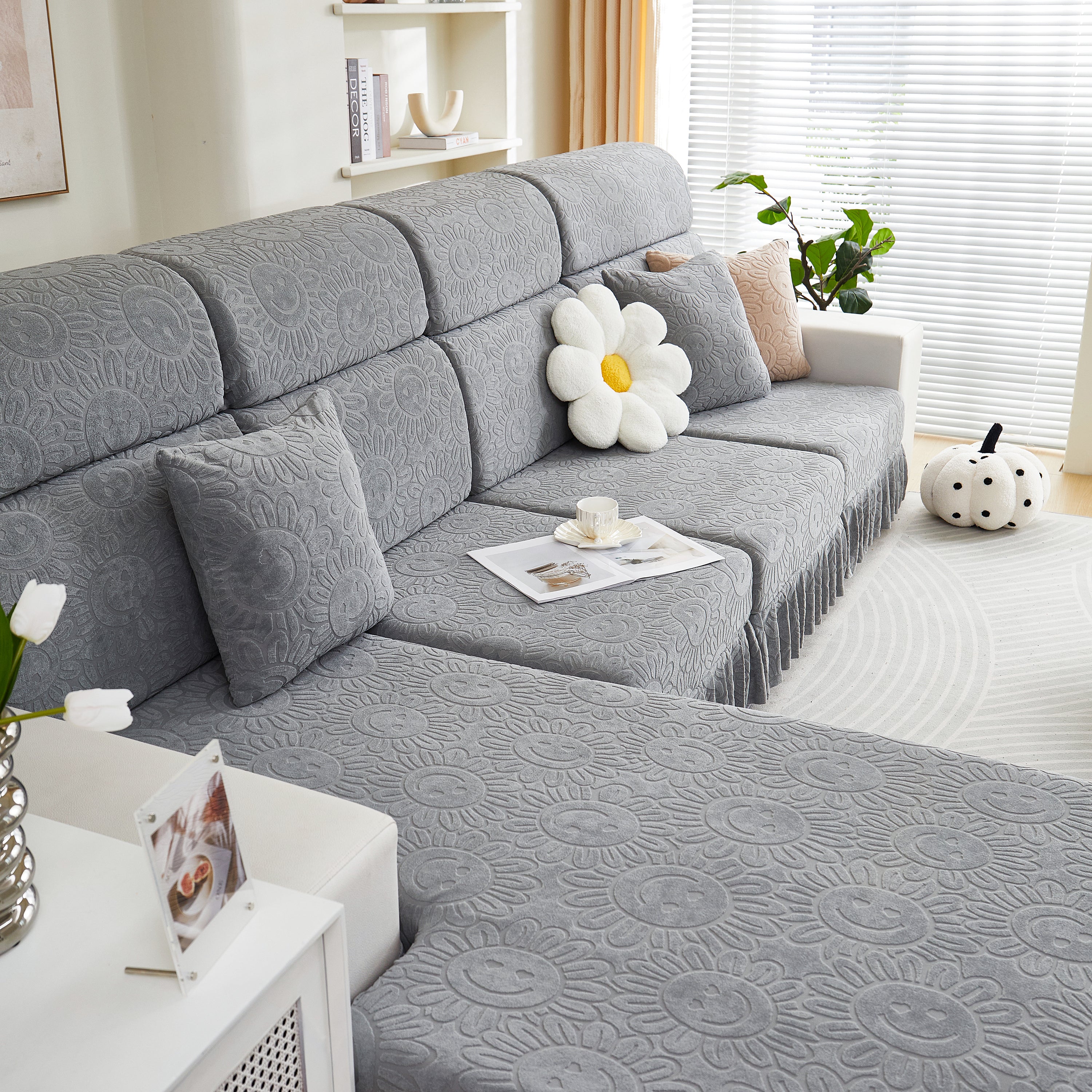Sofa Seat Cover, Sunflower Patterned Elastic Skirted Couch Cushion Covers for 1/2/3/4-Seater Sofas