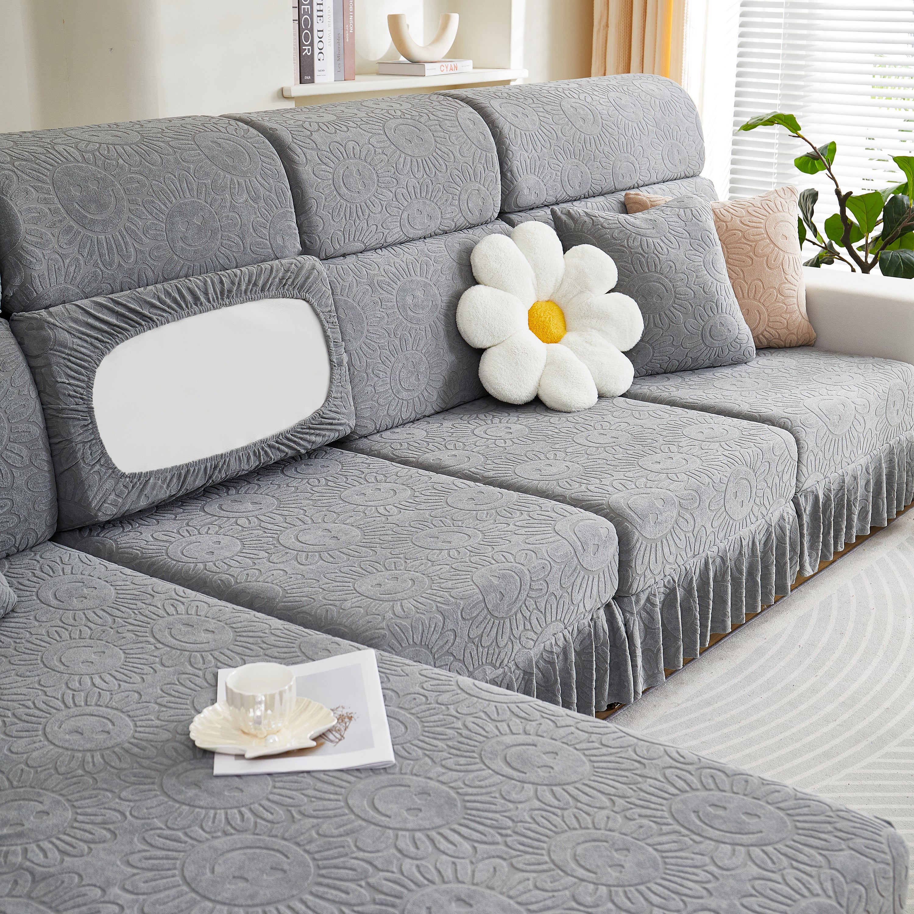 Sofa Seat Cover, Sunflower Patterned Elastic Skirted Couch Cushion Covers for 1/2/3/4-Seater Sofas