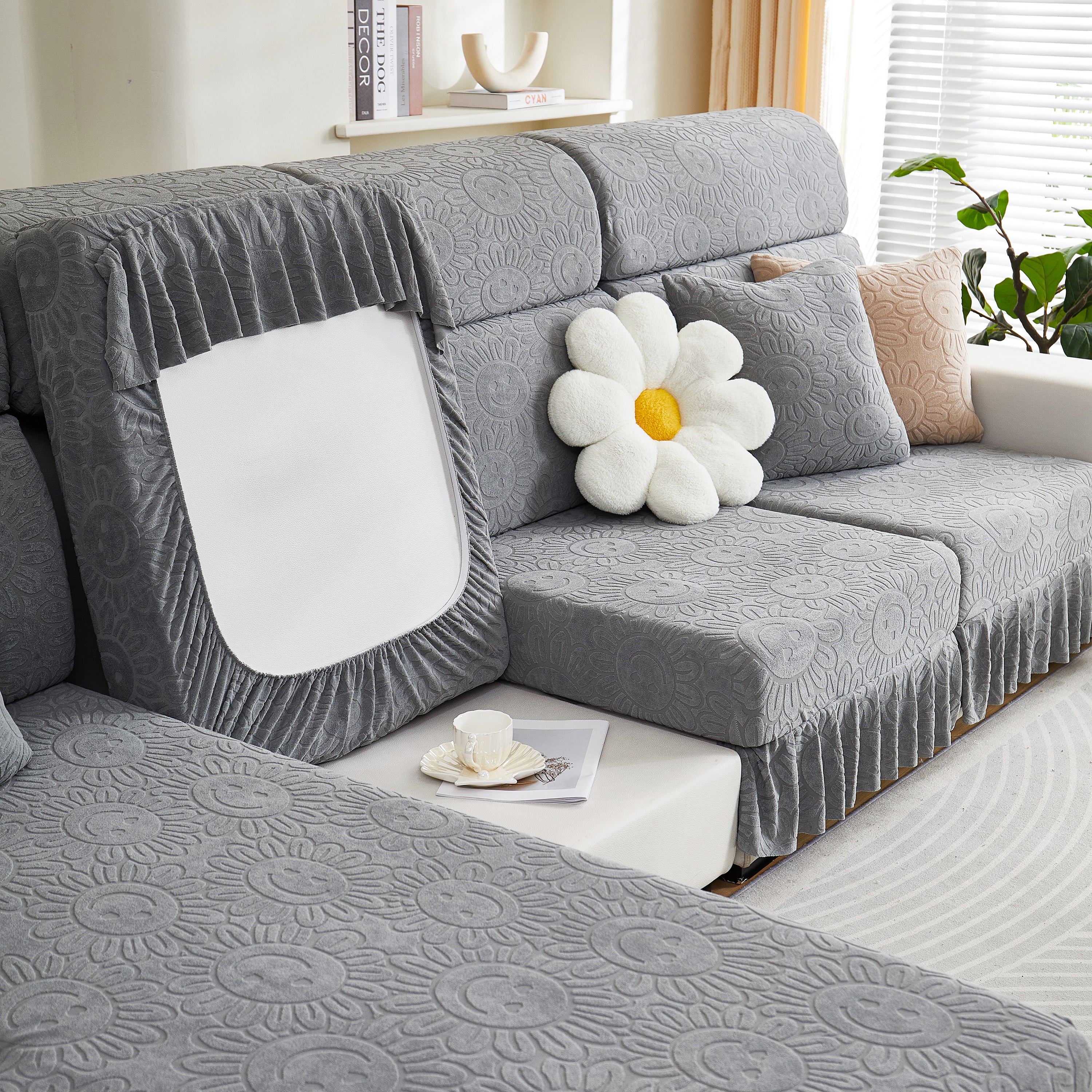 Sofa Seat Cover, Sunflower Patterned Elastic Skirted Couch Cushion Covers for 1/2/3/4-Seater Sofas