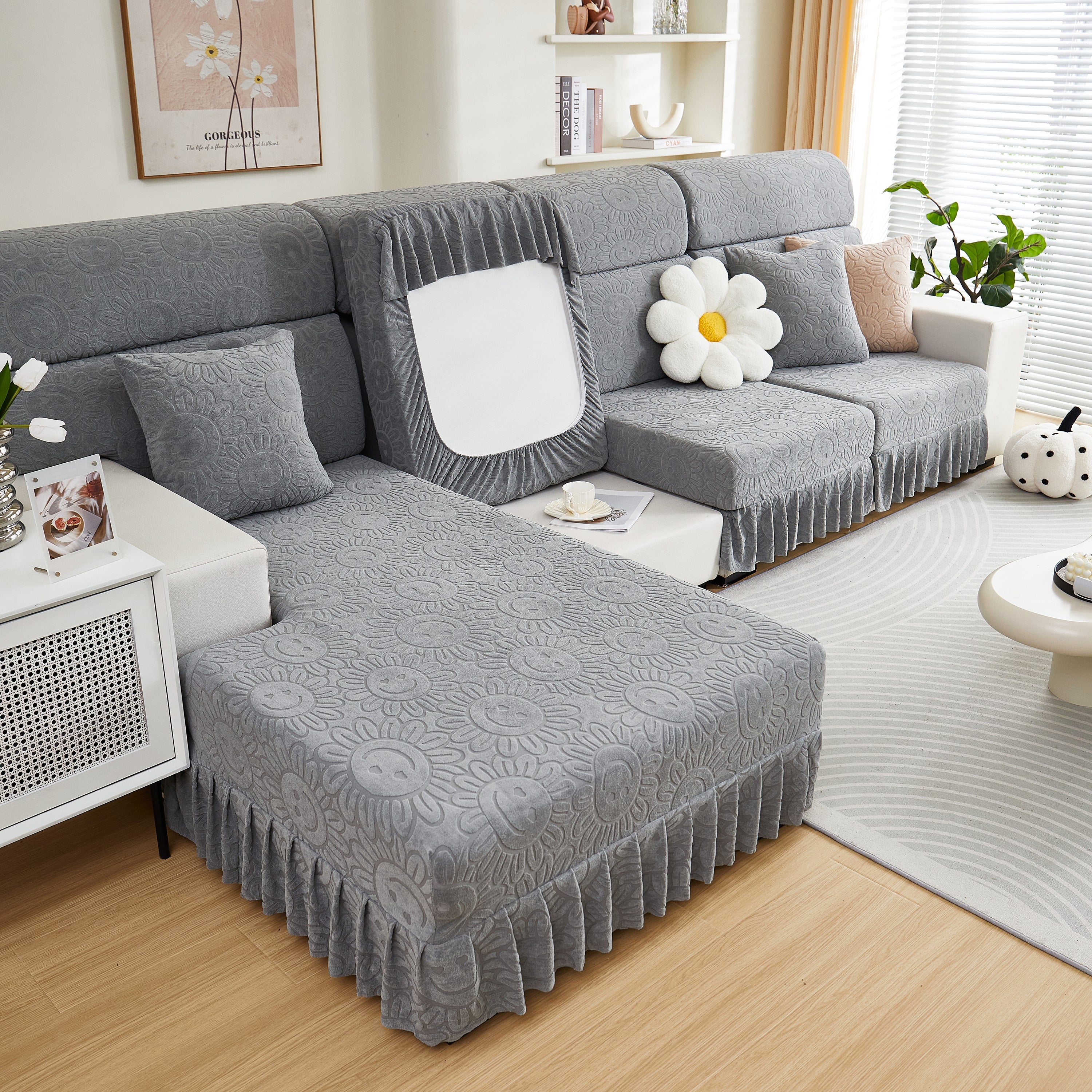 Sofa Seat Cover, Sunflower Patterned Elastic Skirted Couch Cushion Covers for 1/2/3/4-Seater Sofas