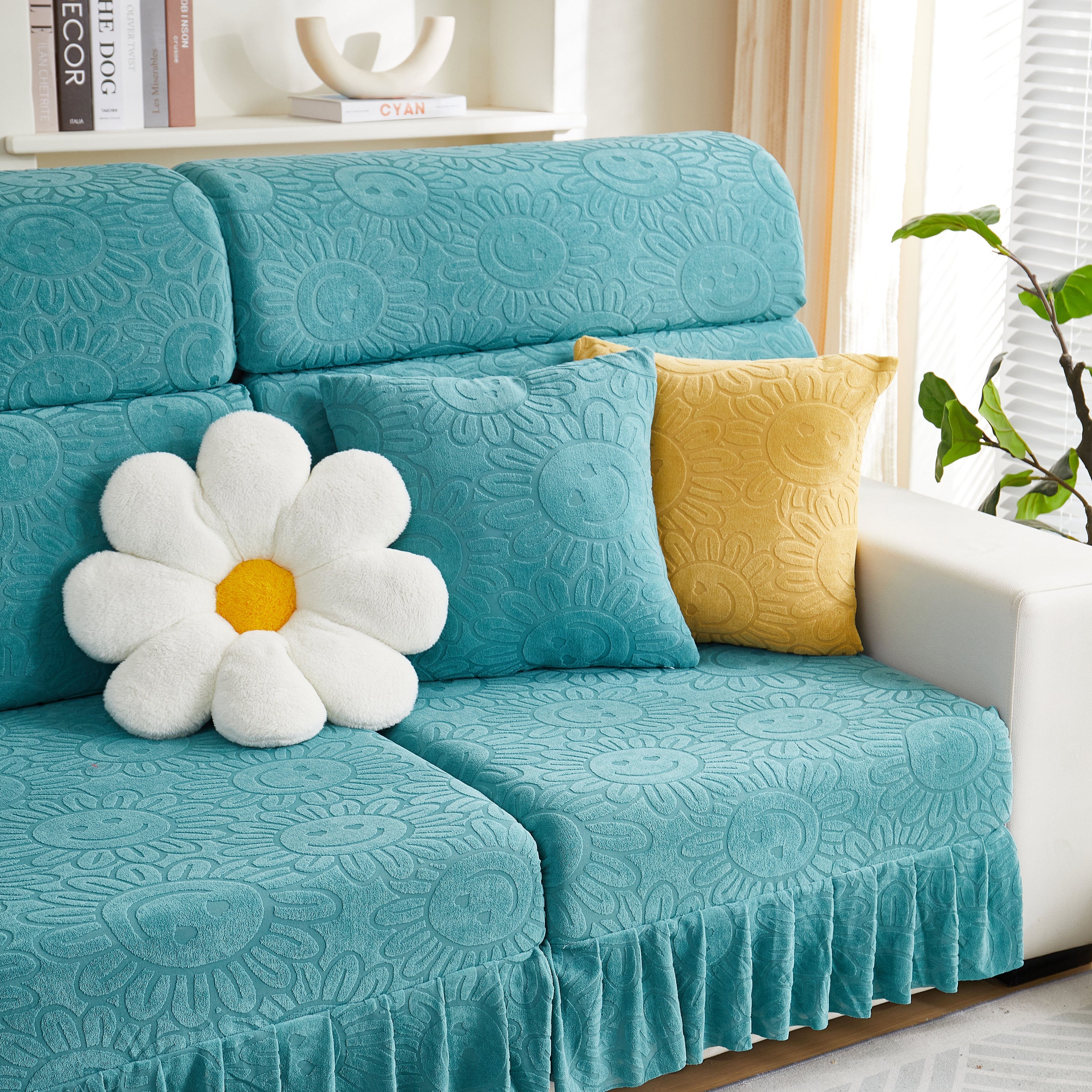 Sofa Seat Cover, Sunflower Patterned Elastic Skirted Couch Cushion Covers for 1/2/3/4-Seater Sofas