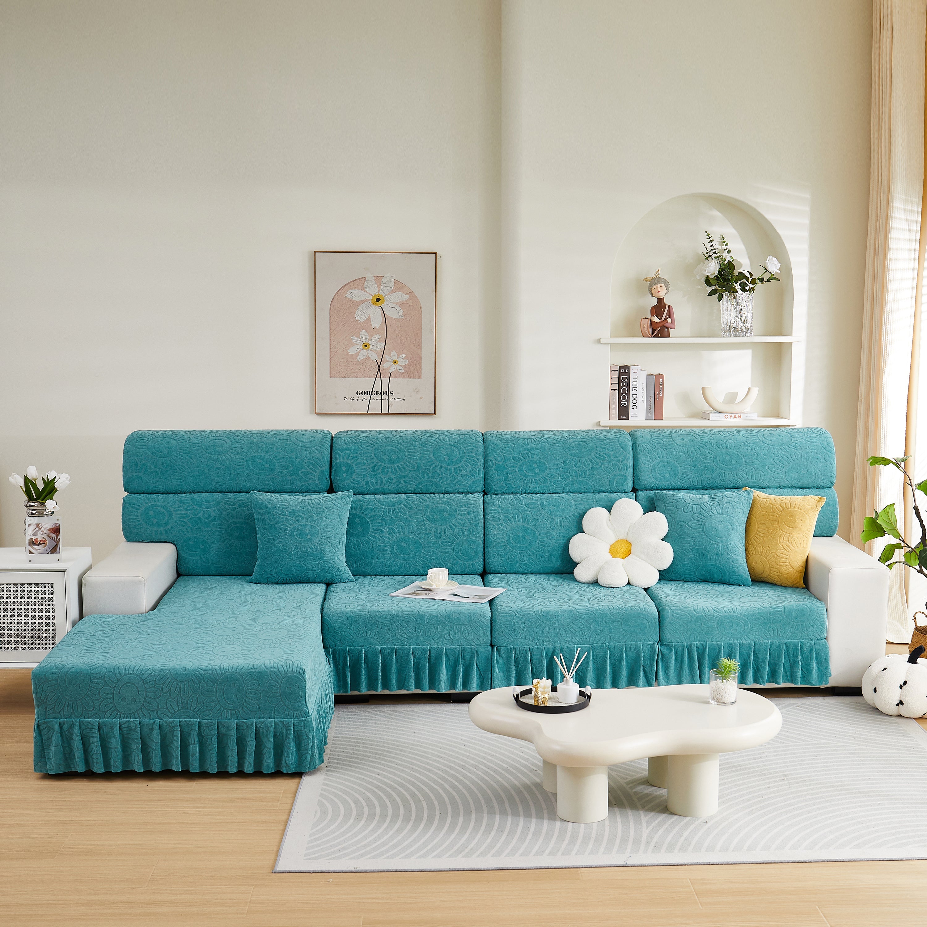 Sofa Seat Cover, Sunflower Patterned Elastic Skirted Couch Cushion Covers for 1/2/3/4-Seater Sofas