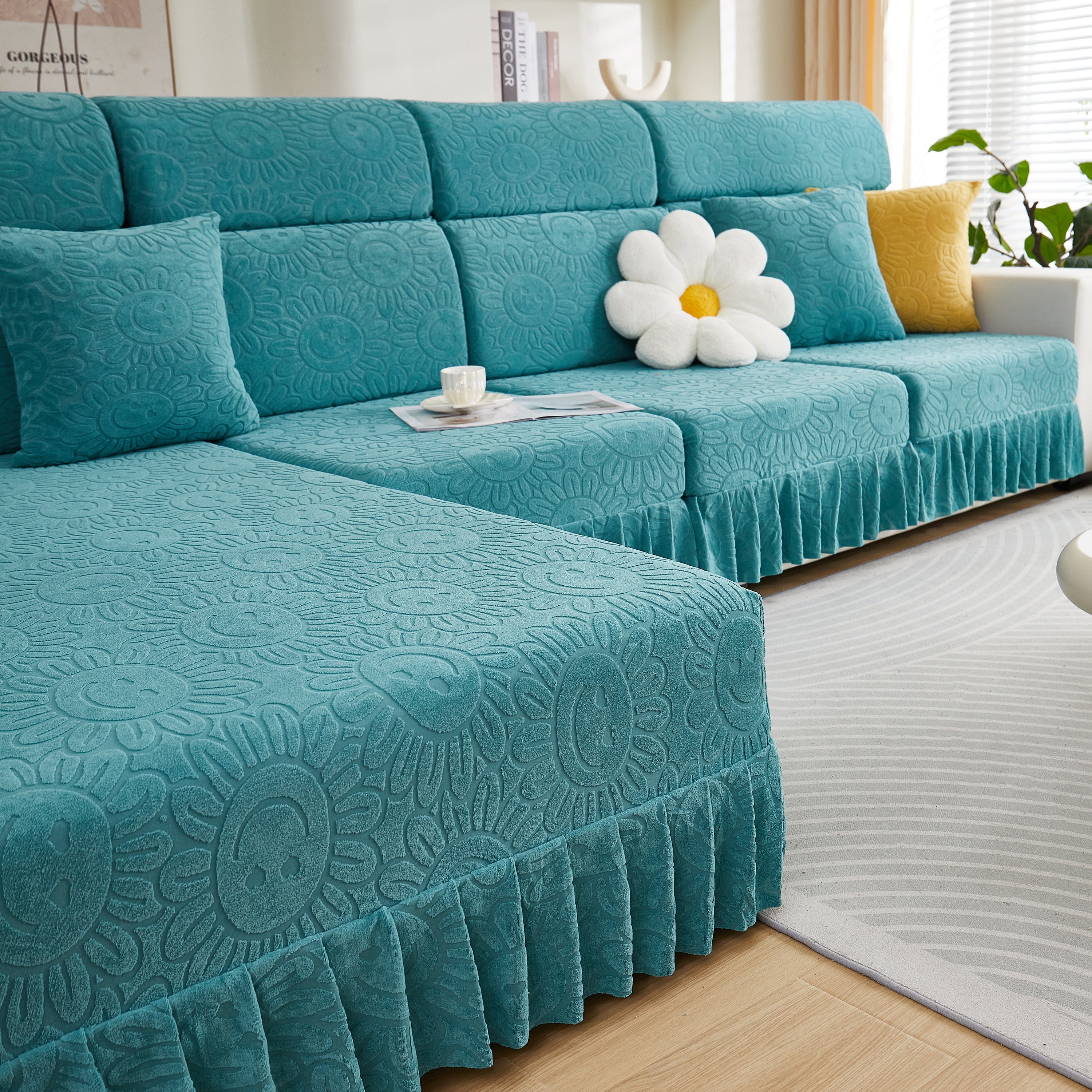 Sofa Seat Cover, Sunflower Patterned Elastic Skirted Couch Cushion Covers for 1/2/3/4-Seater Sofas